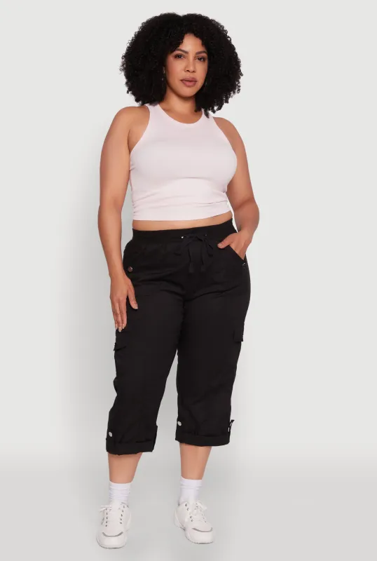 Plus Size Drawstring Waist Tabbed Cuff Cargo Capris sold by Rainbow