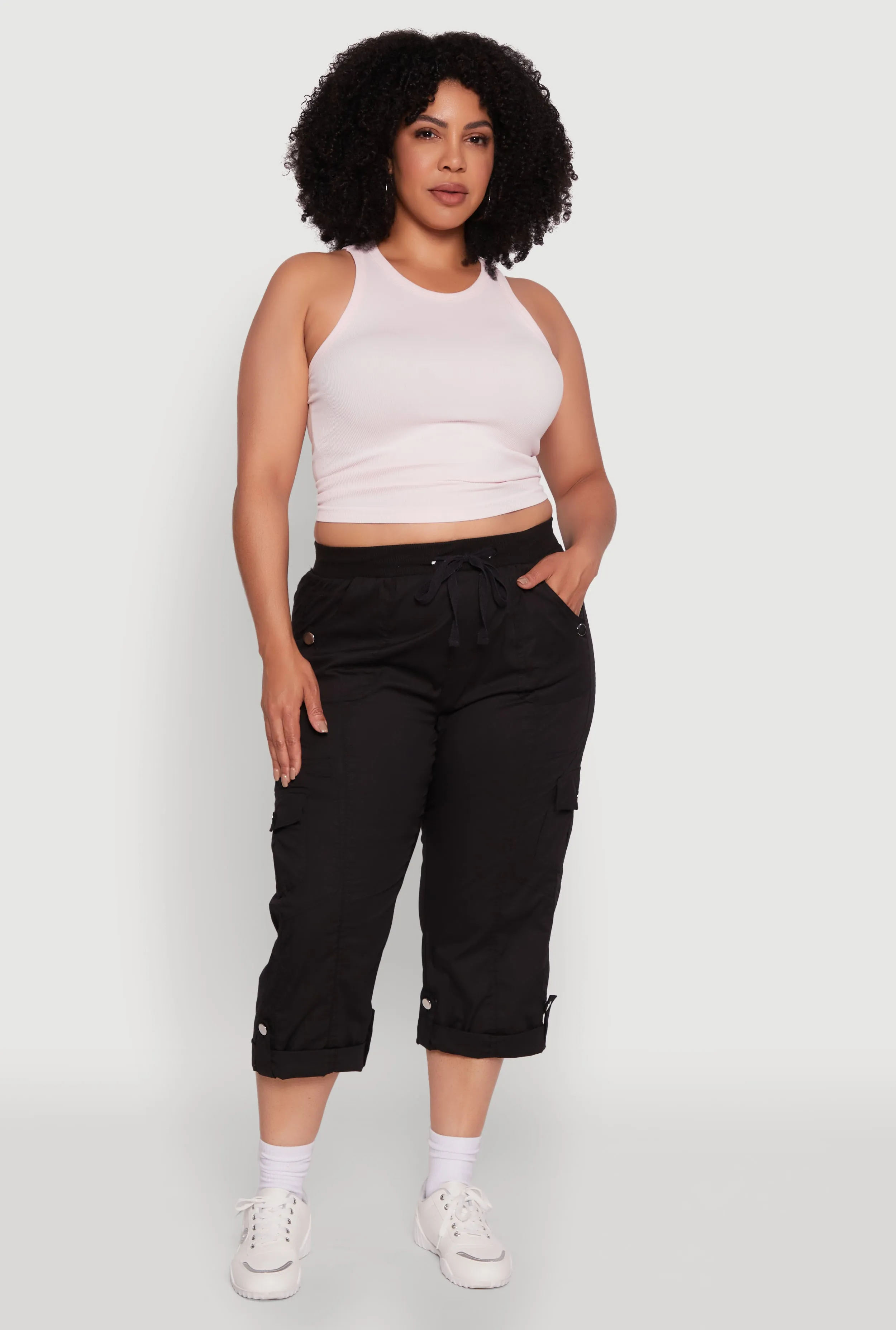 Plus Size Drawstring Waist Tabbed Cuff Cargo Capris sold by Rainbow