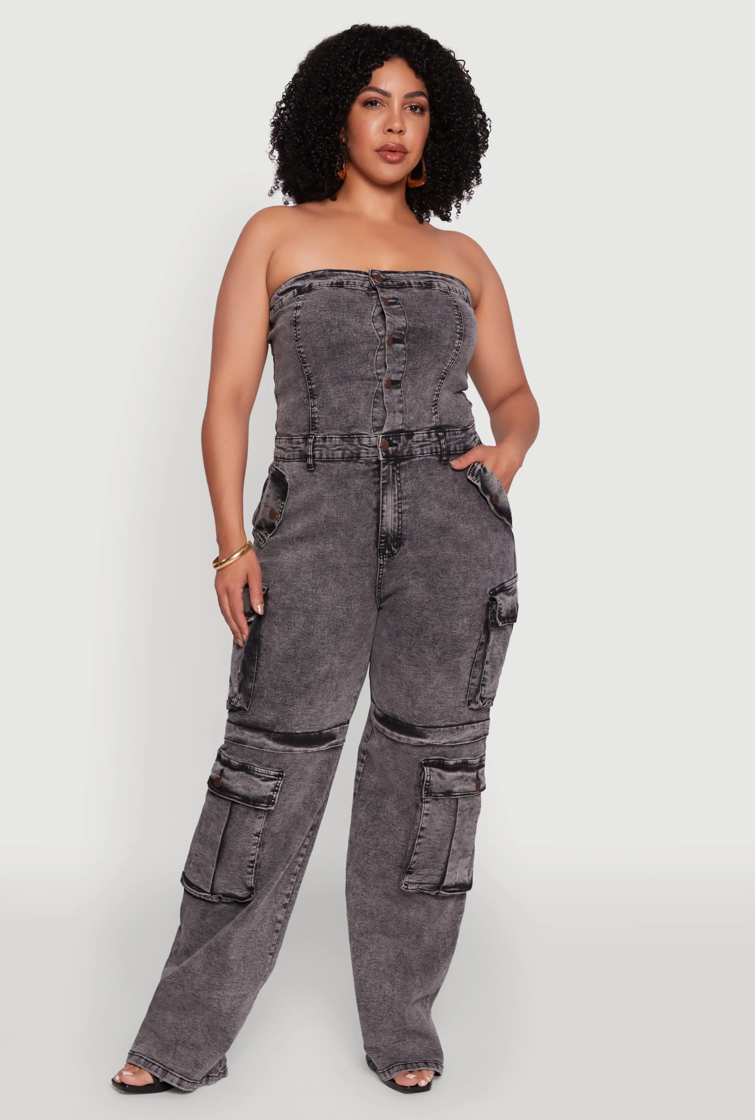 Plus Size Daisy Acid Wash Denim Tube Utility Jumpsuit sold by Rainbow