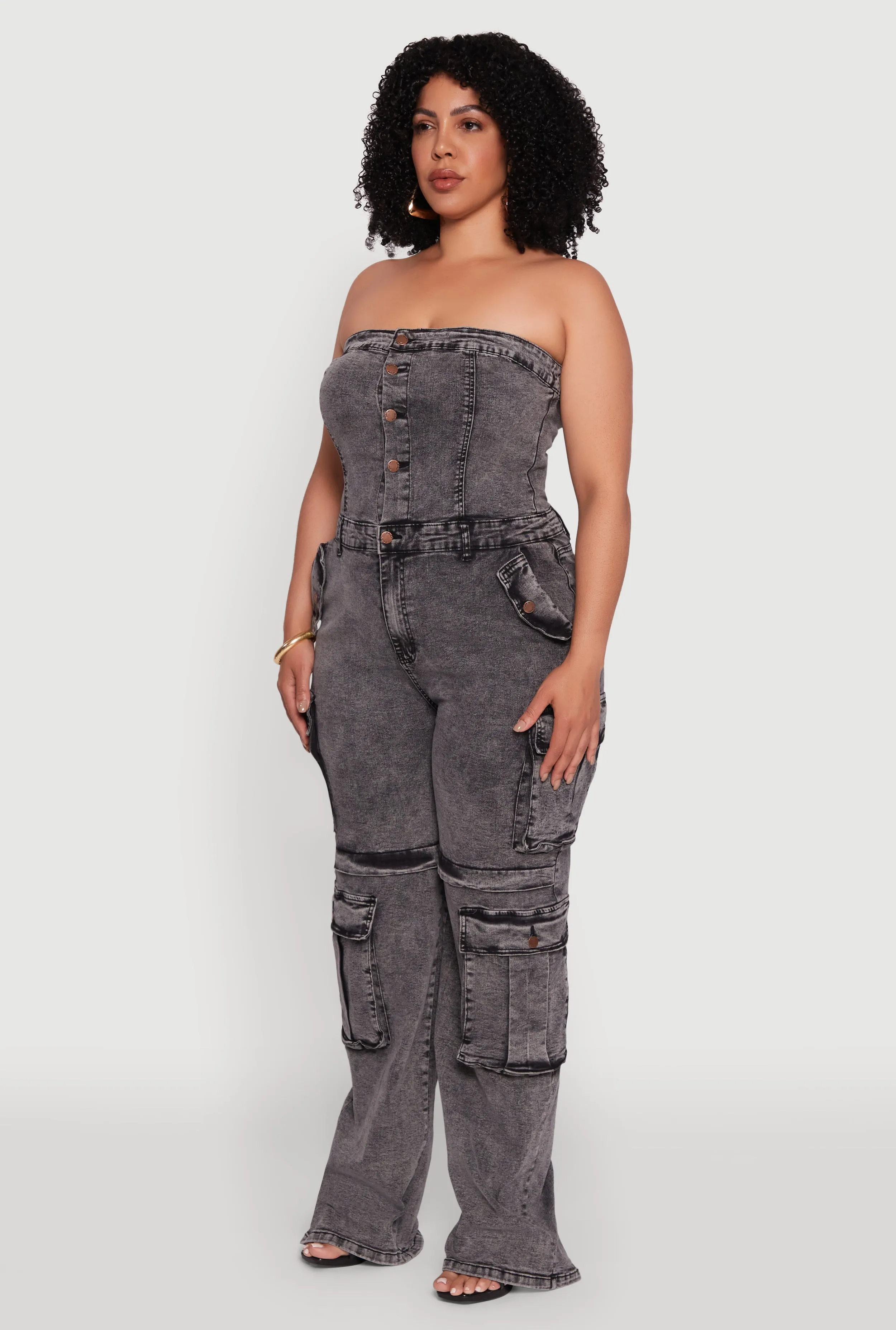 Plus Size Daisy Acid Wash Denim Tube Utility Jumpsuit sold by Rainbow product image thumbnail 3
