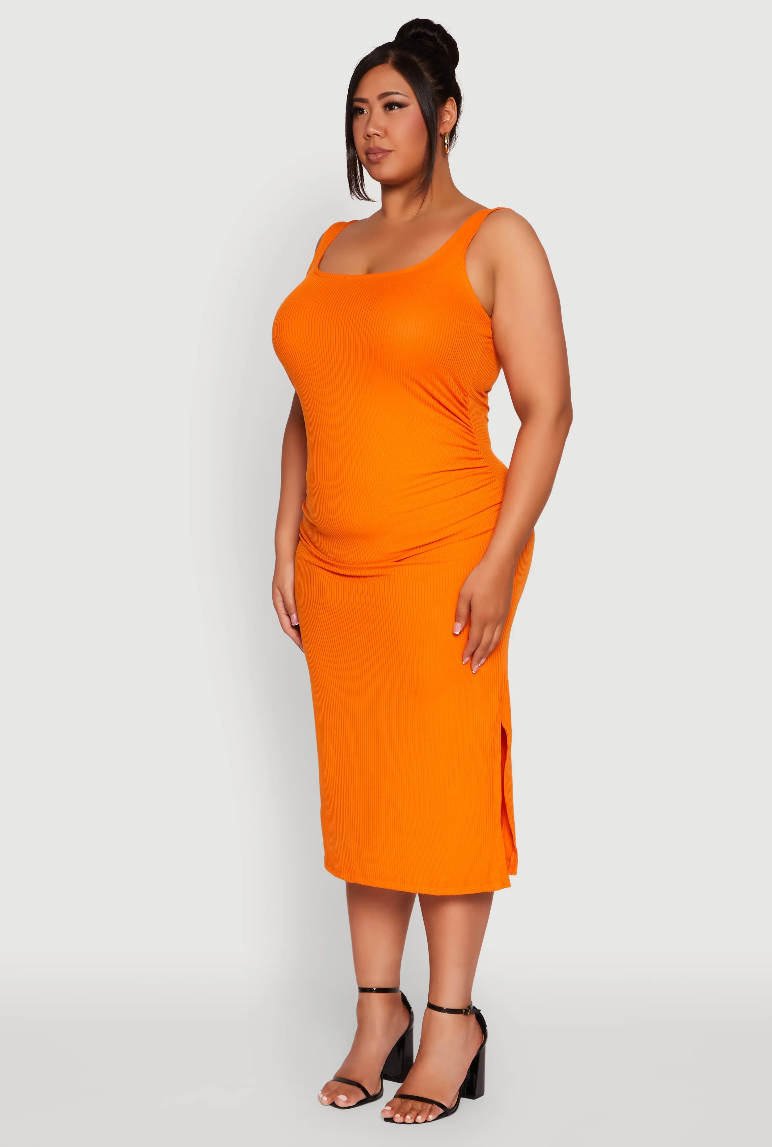 Plus Size Ribbed Knit Side Slit Ruched Tank Dress sold by Rainbow product image thumbnail 3