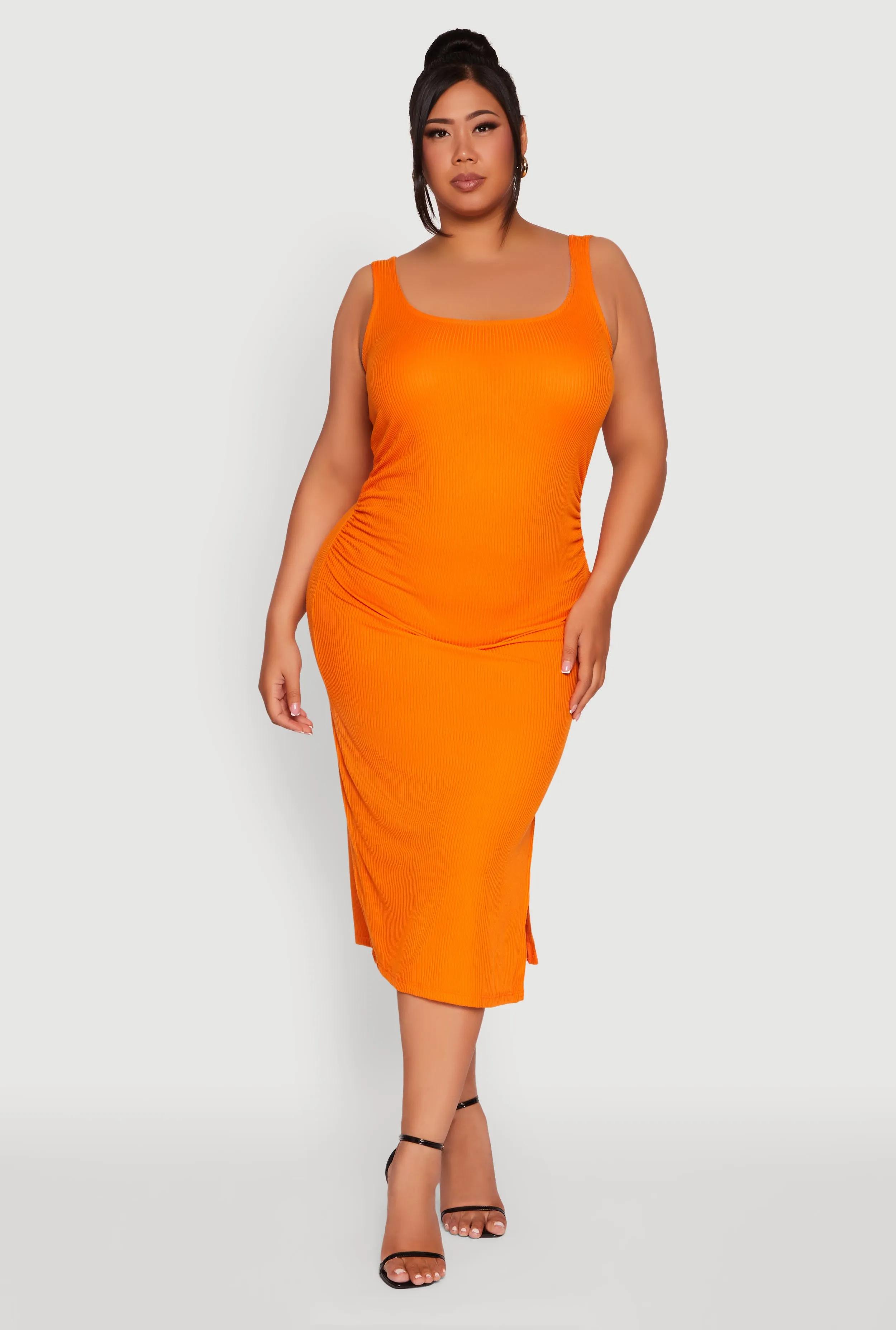 Plus Size Ribbed Knit Side Slit Ruched Tank Dress sold by Rainbow