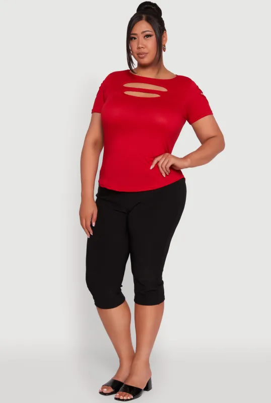 Plus Size Solid Double Keyhole Crew Neck T-Shirt sold by Rainbow