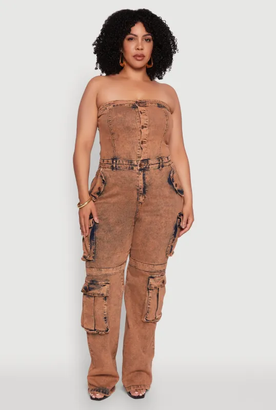 Plus Size Daisy Acid Wash Denim Tube Utility Jumpsuit sold by Rainbow