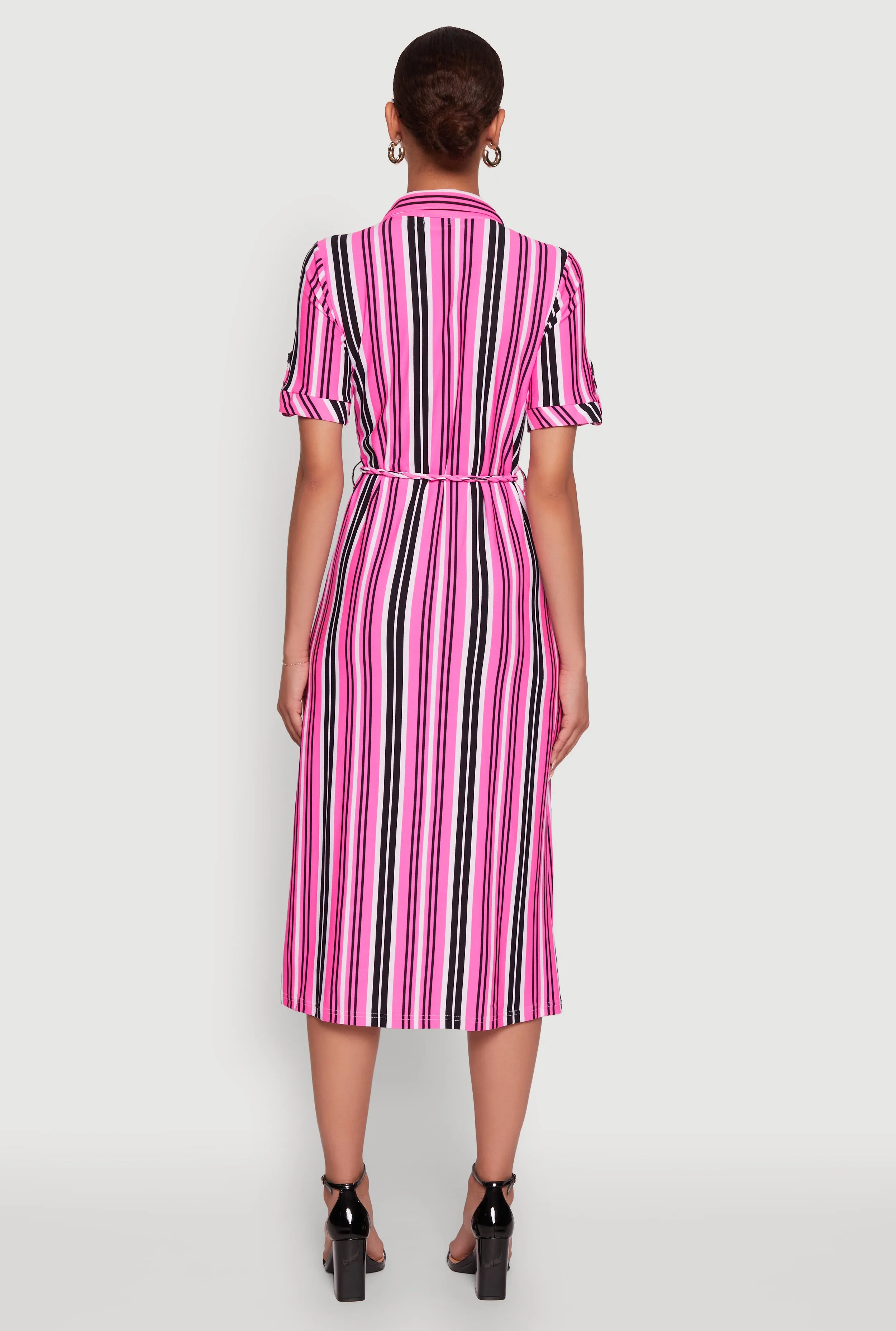 Trendy Half Button Tie Waist Striped Midi Shirt Dress sold by Rainbow product image thumbnail 5