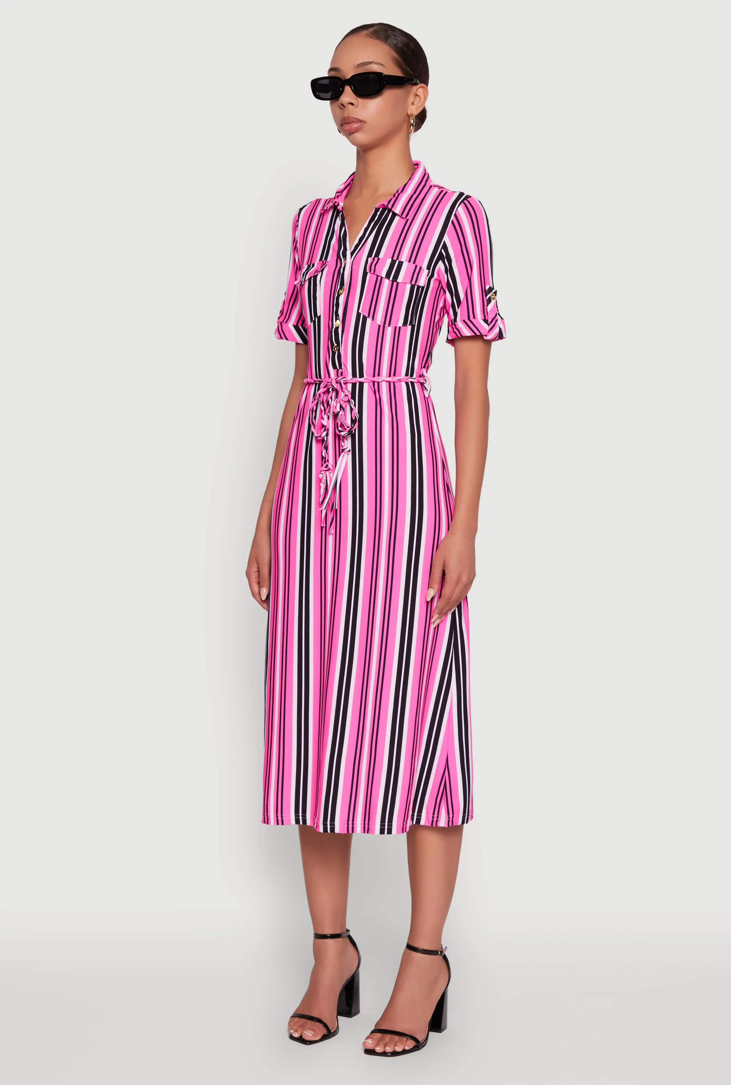 Trendy Half Button Tie Waist Striped Midi Shirt Dress sold by Rainbow product image thumbnail 3