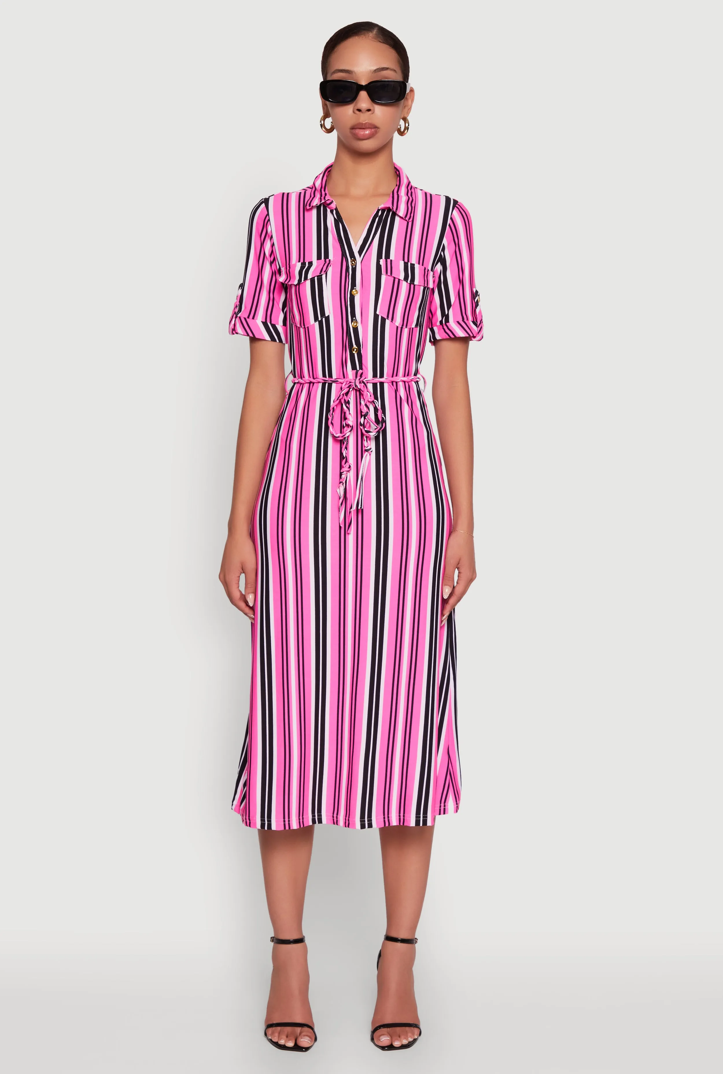 Trendy Half Button Tie Waist Striped Midi Shirt Dress sold by Rainbow product image thumbnail 2
