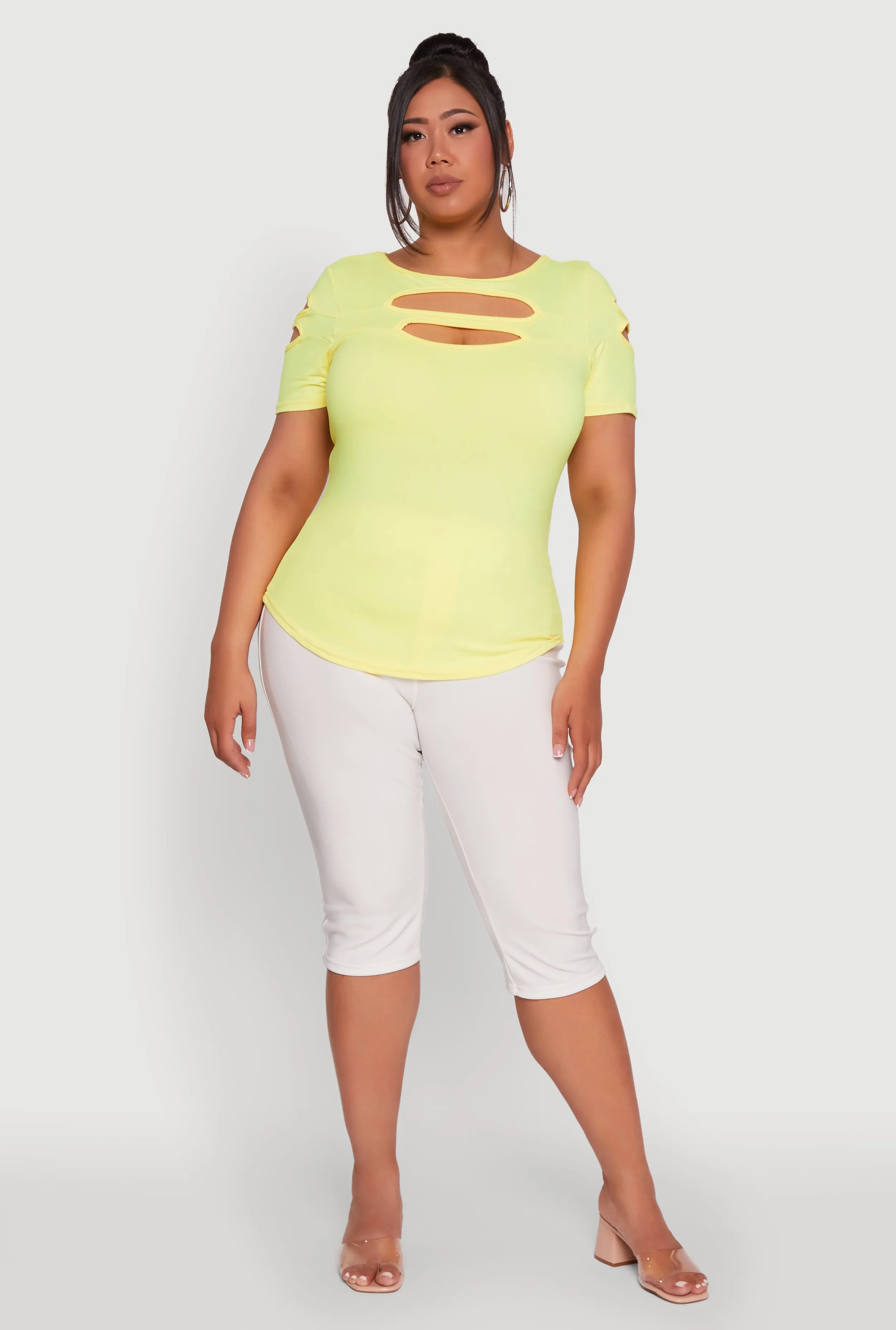 Plus Size Solid Double Keyhole Crew Neck T-Shirt sold by Rainbow