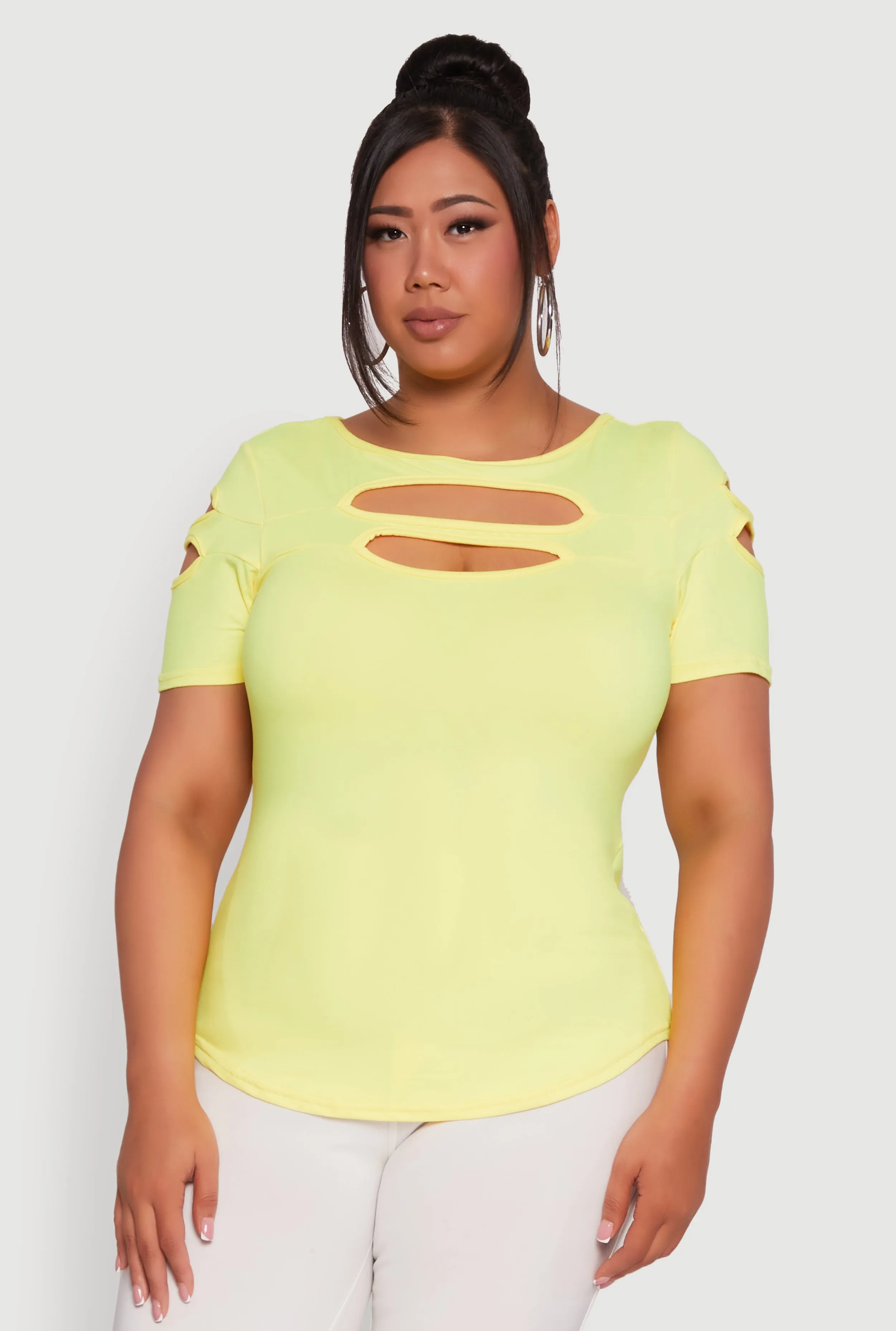 Plus Size Solid Double Keyhole Crew Neck T-Shirt sold by Rainbow product image thumbnail 2