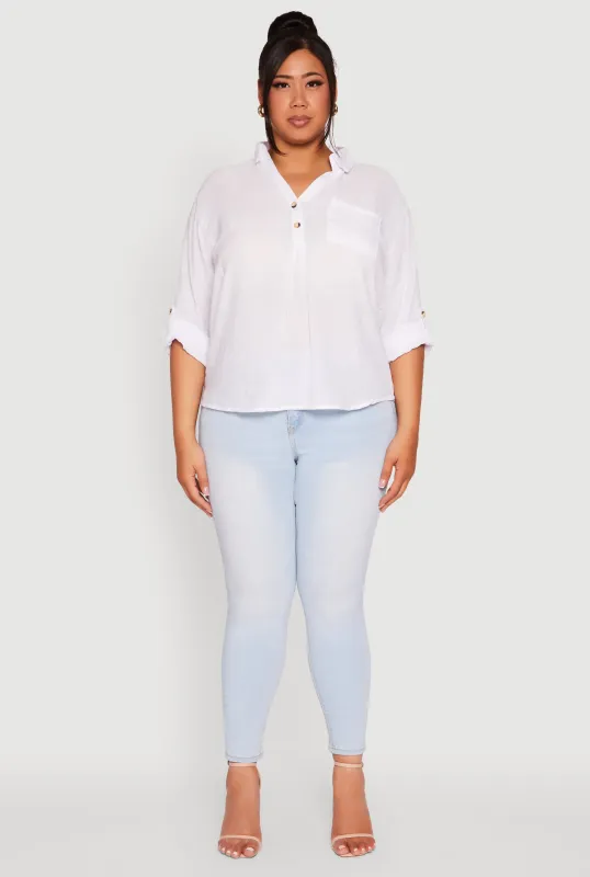 Plus Sized Tabbed Sleeve Collared Henley Top sold by Rainbow