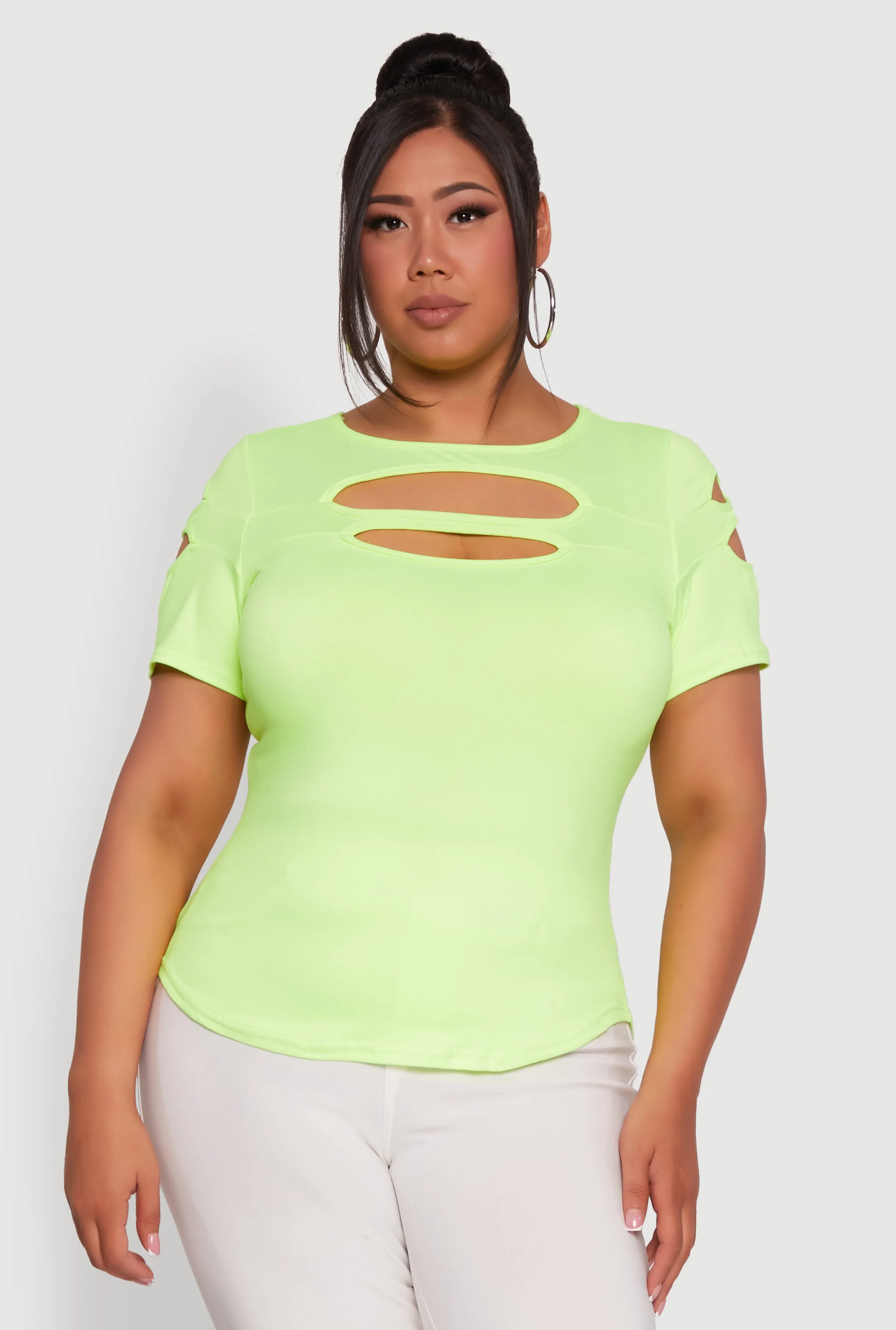 Plus Size Solid Double Keyhole Crew Neck T-Shirt sold by Rainbow product image thumbnail 2