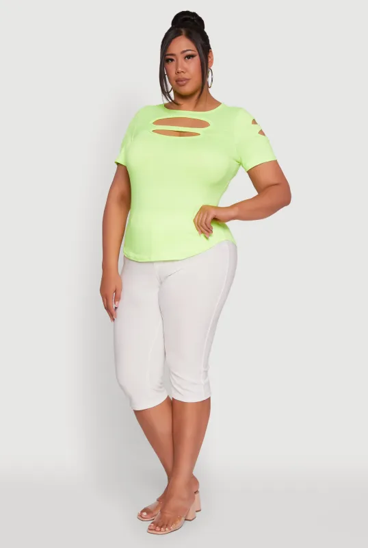 Plus Size Solid Double Keyhole Crew Neck T-Shirt sold by Rainbow