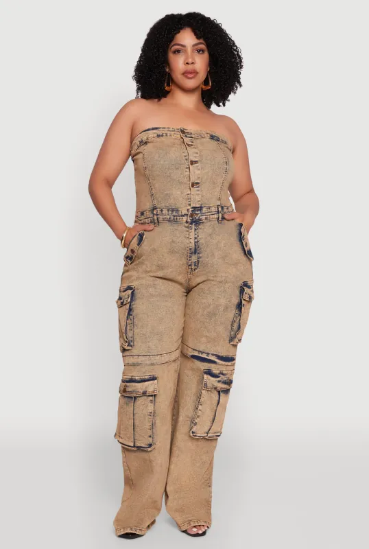 Plus Size Daisy Acid Wash Denim Tube Utility Jumpsuit sold by Rainbow