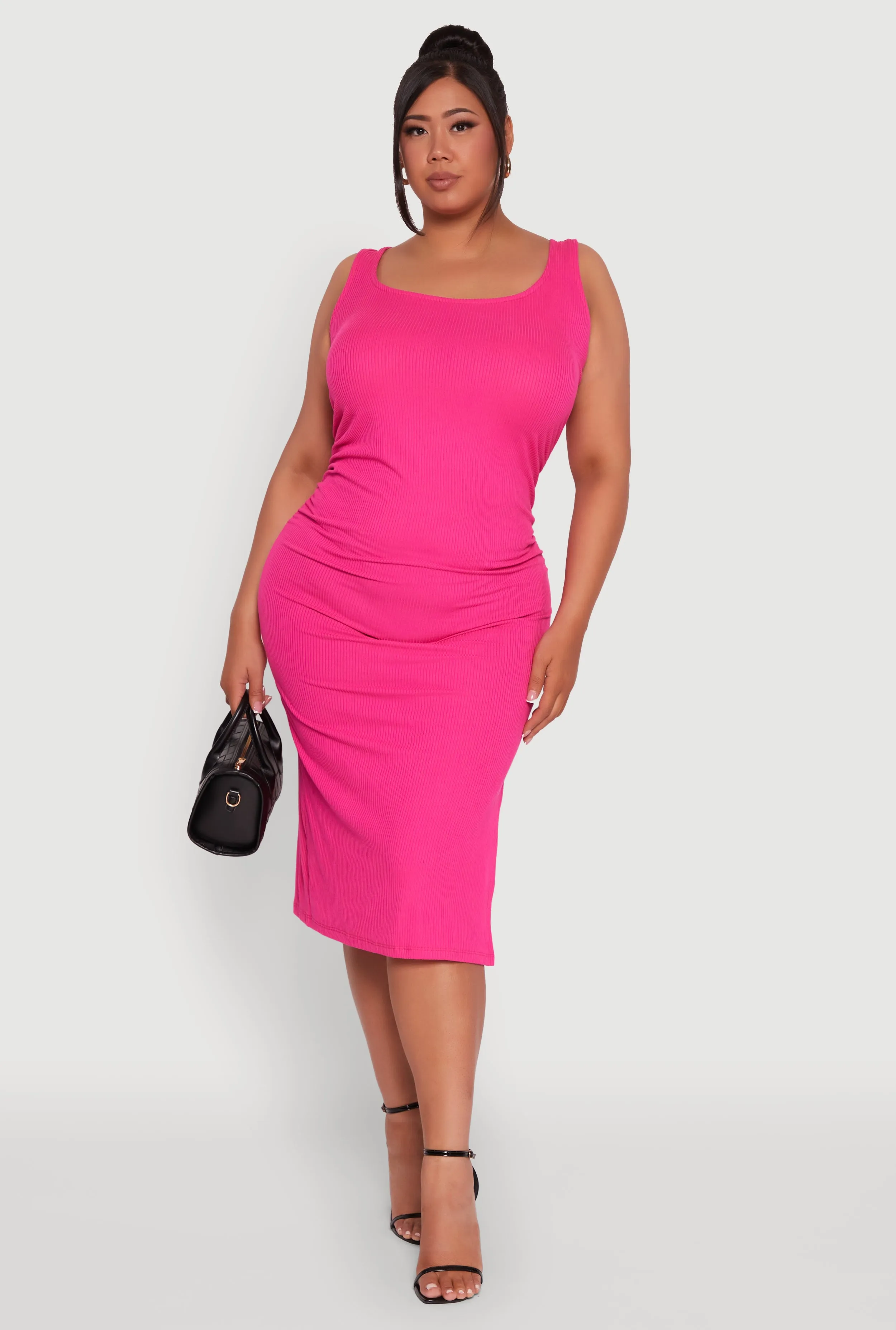 Plus Size Ribbed Knit Side Slit Ruched Tank Dress sold by Rainbow