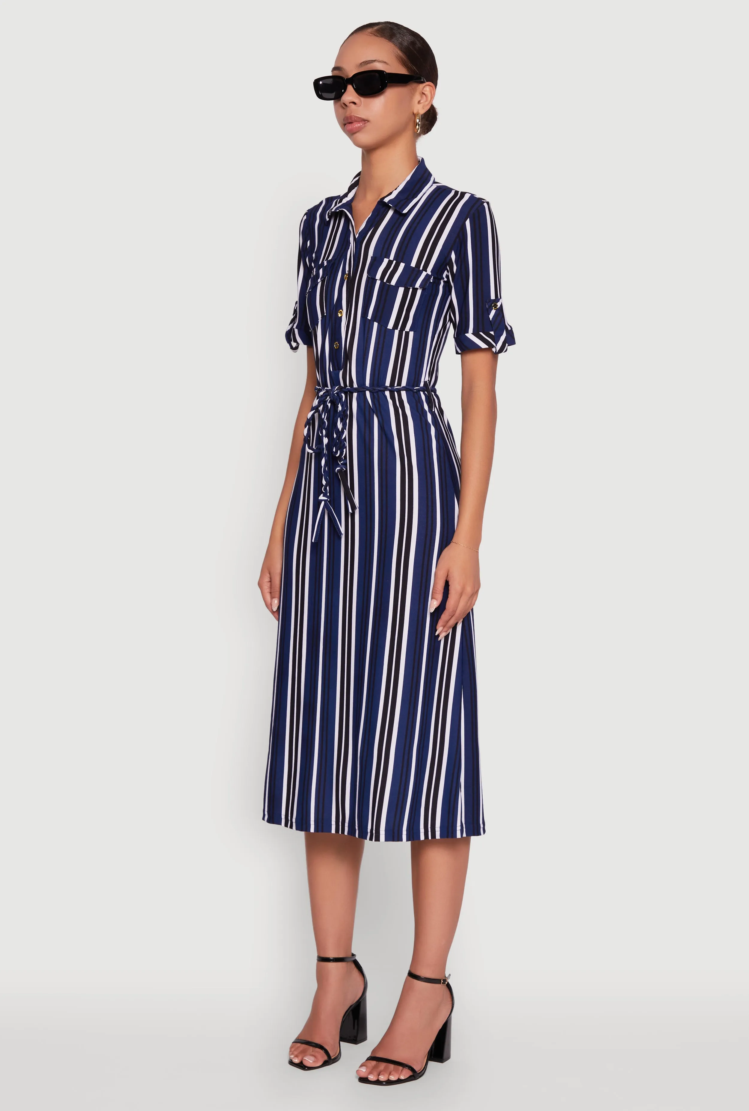 Trendy Half Button Tie Waist Striped Midi Shirt Dress sold by Rainbow product image thumbnail 3