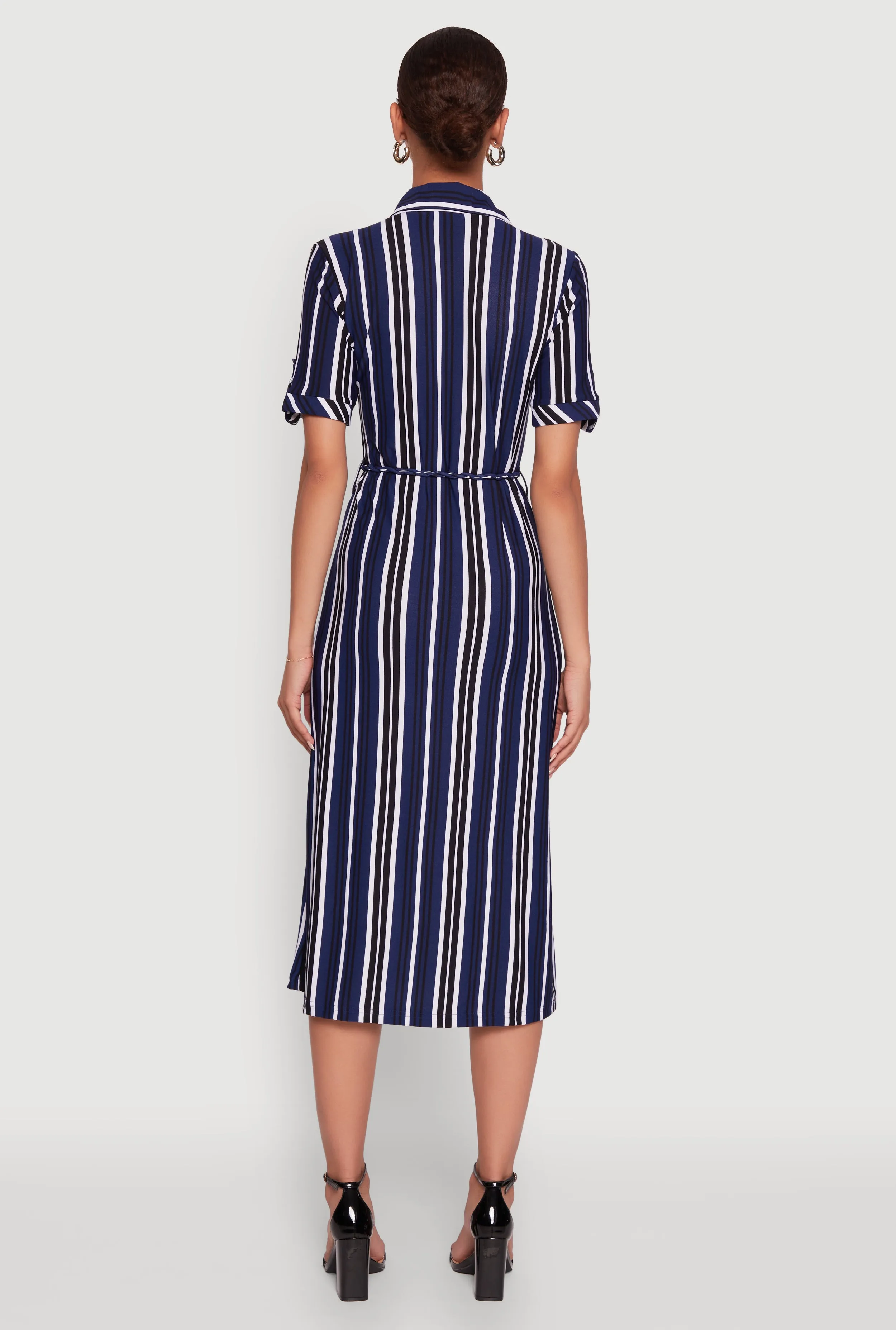 Trendy Half Button Tie Waist Striped Midi Shirt Dress sold by Rainbow product image thumbnail 5