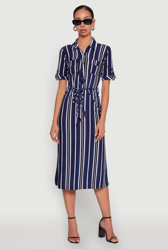 Trendy Half Button Tie Waist Striped Midi Shirt Dress sold by Rainbow