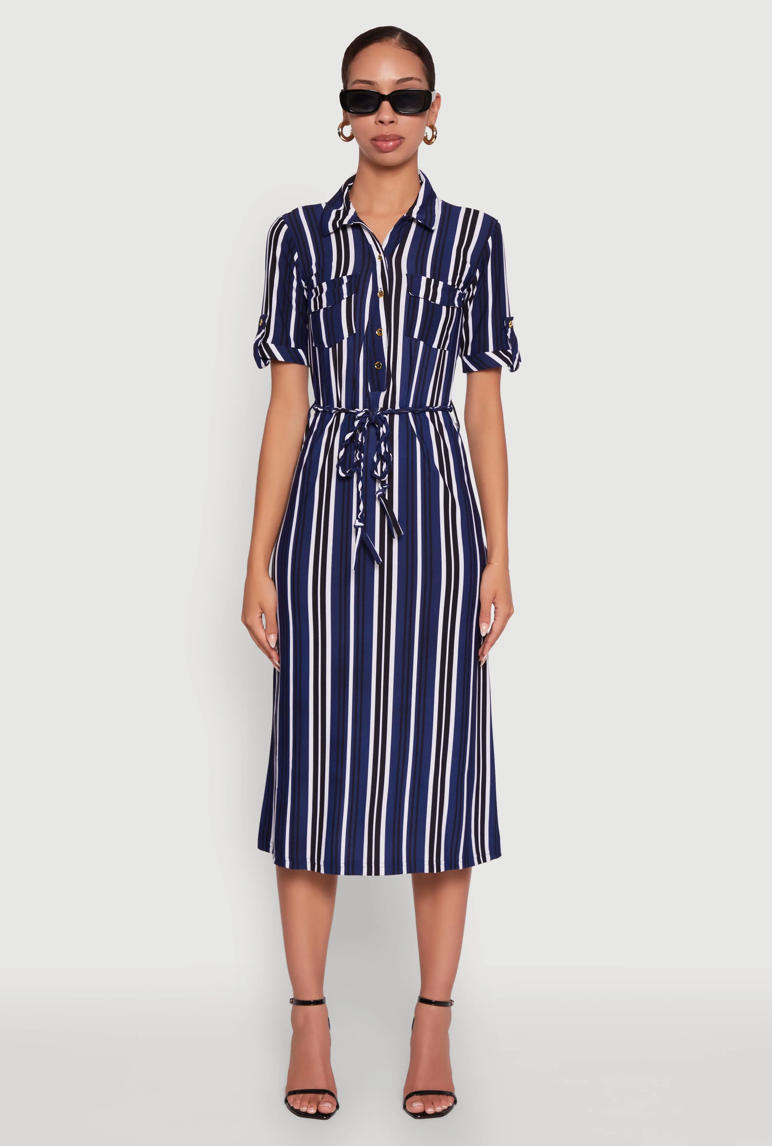 Trendy Half Button Tie Waist Striped Midi Shirt Dress sold by Rainbow product image thumbnail 2