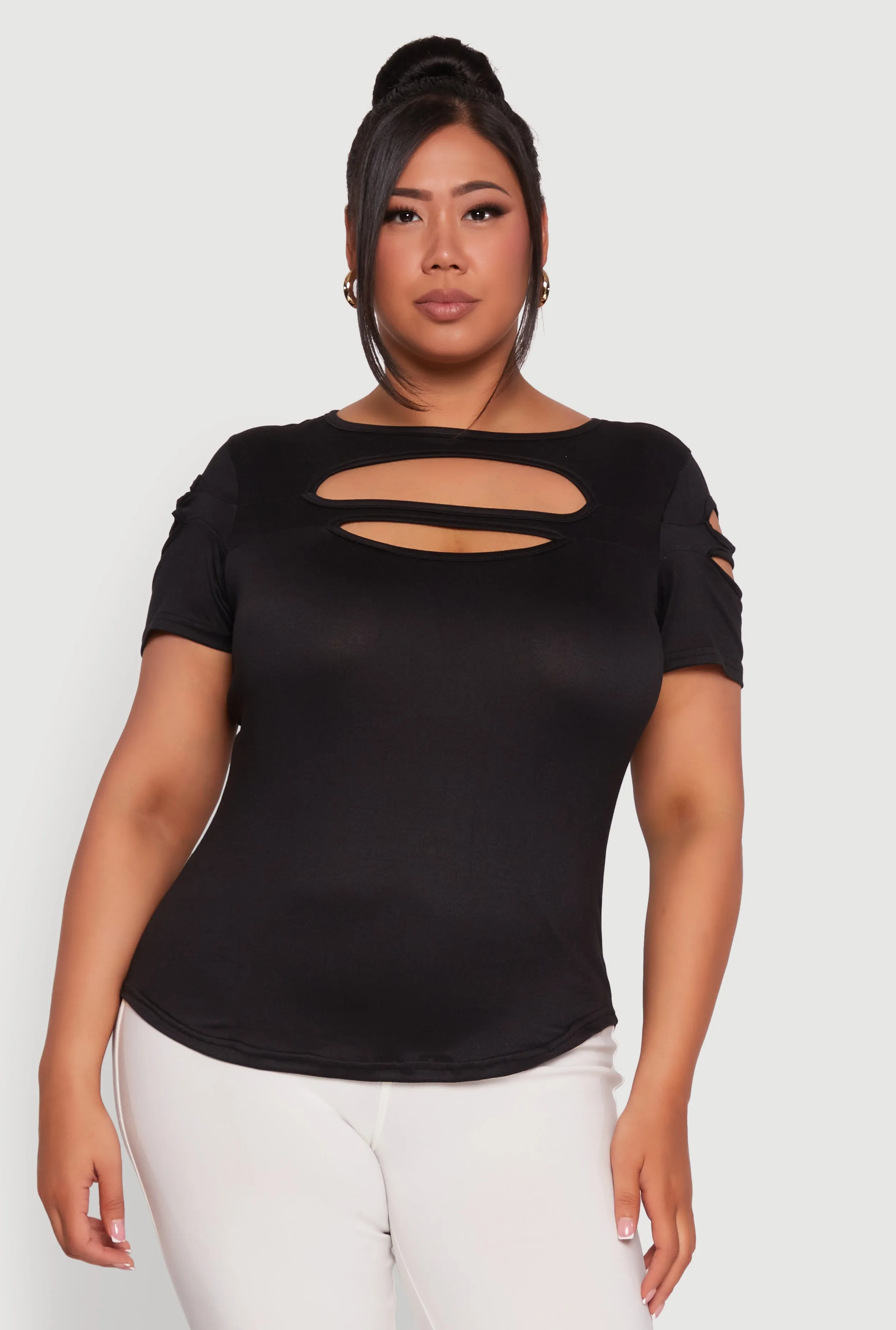 Plus Size Solid Double Keyhole Crew Neck T-Shirt sold by Rainbow product image thumbnail 2