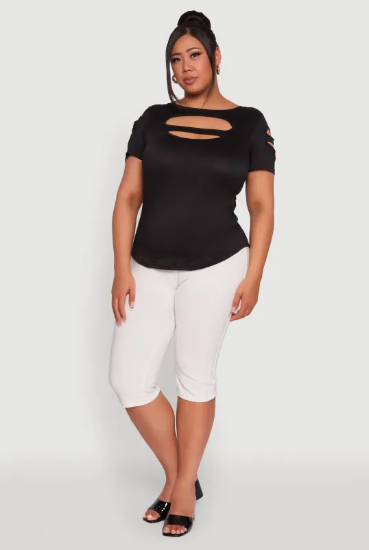 Plus Size Solid Double Keyhole Crew Neck T-Shirt sold by Rainbow