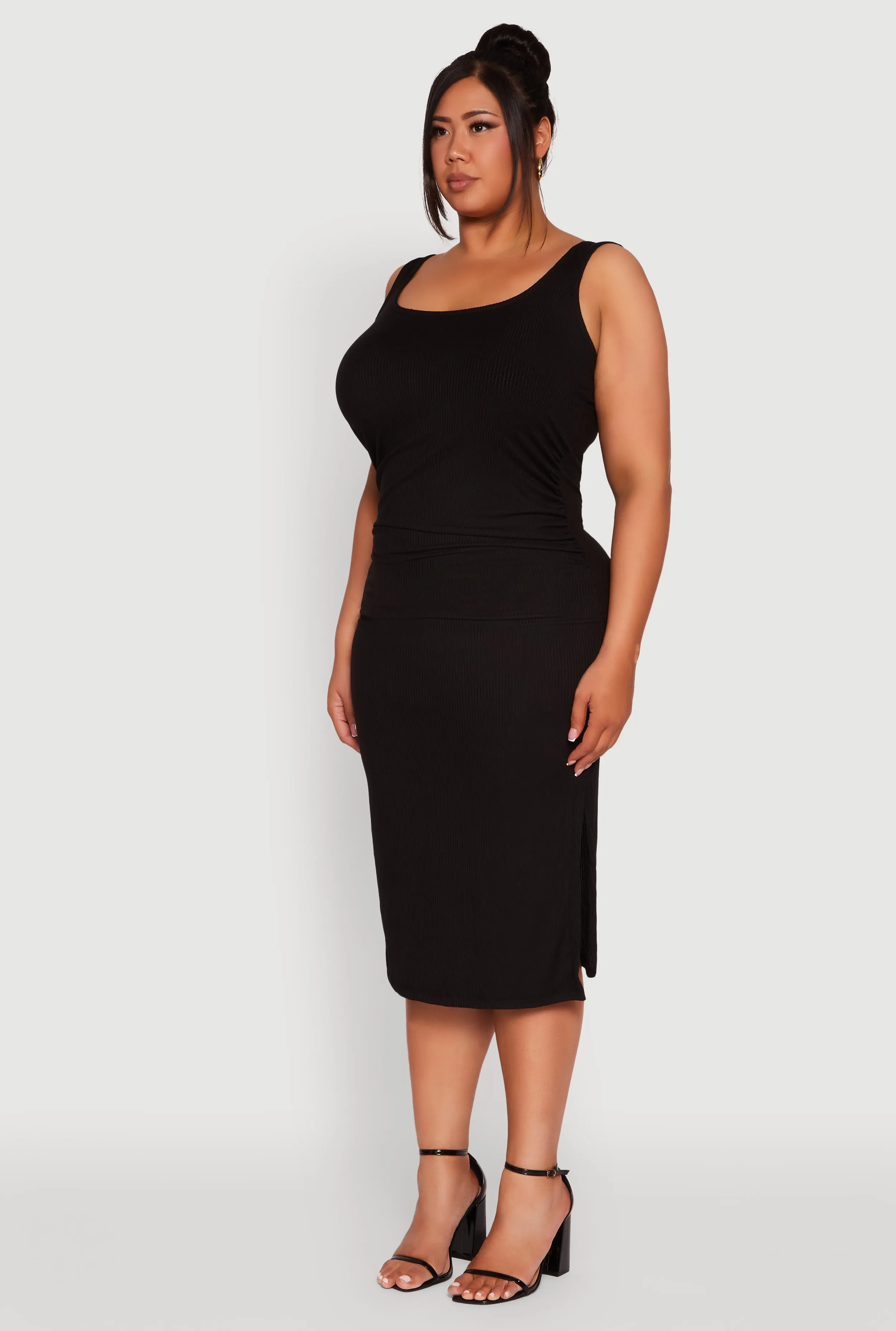 Plus Size Ribbed Knit Side Slit Ruched Tank Dress sold by Rainbow product image thumbnail 3