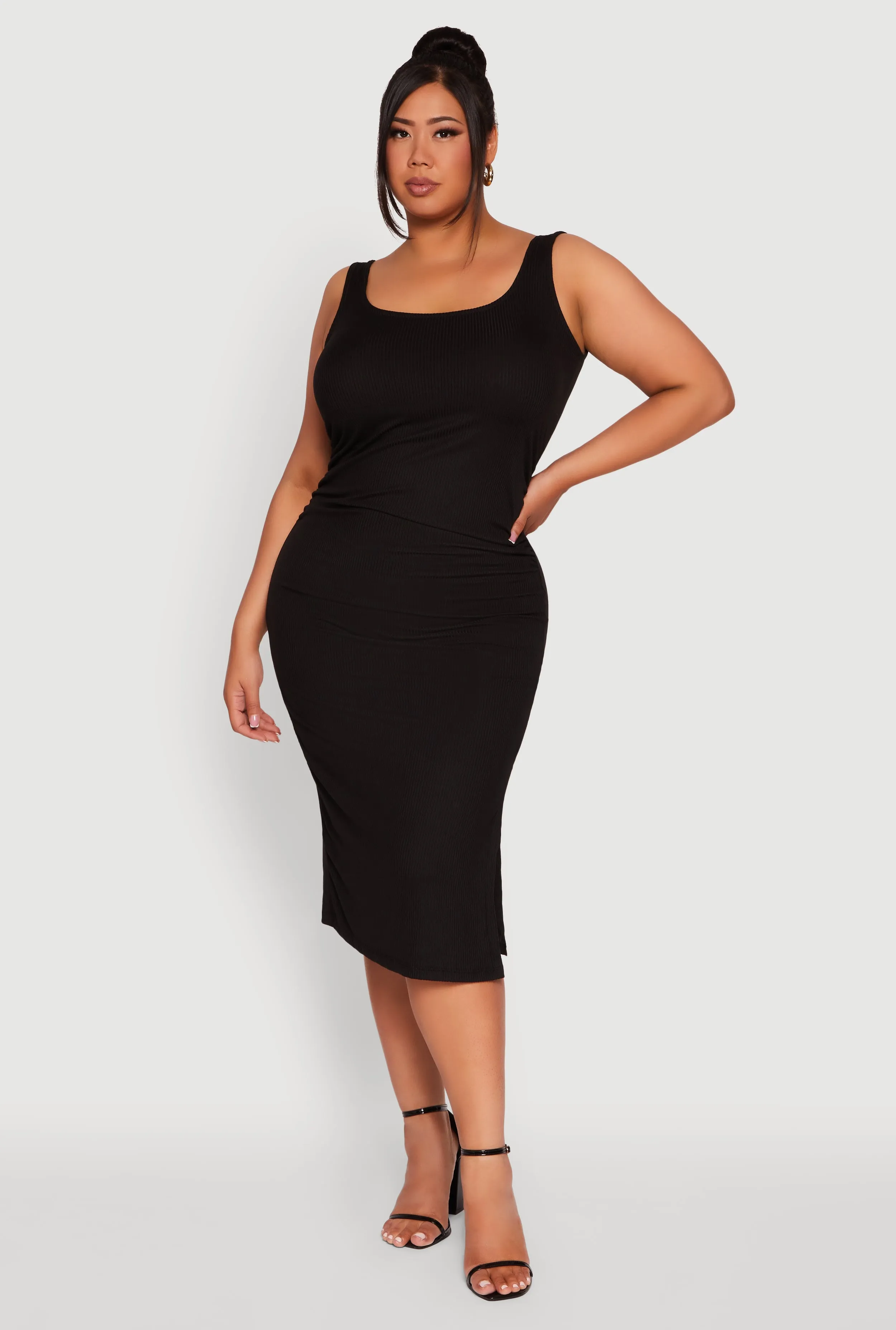 Plus Size Ribbed Knit Side Slit Ruched Tank Dress sold by Rainbow