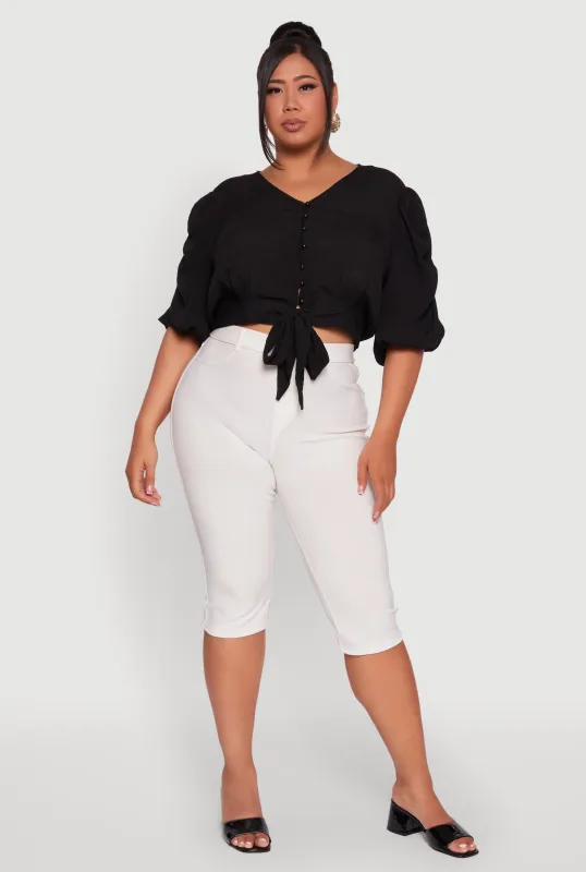 Plus Size V Neck Puff Sleeve Cropped Tie Front Top sold by Rainbow