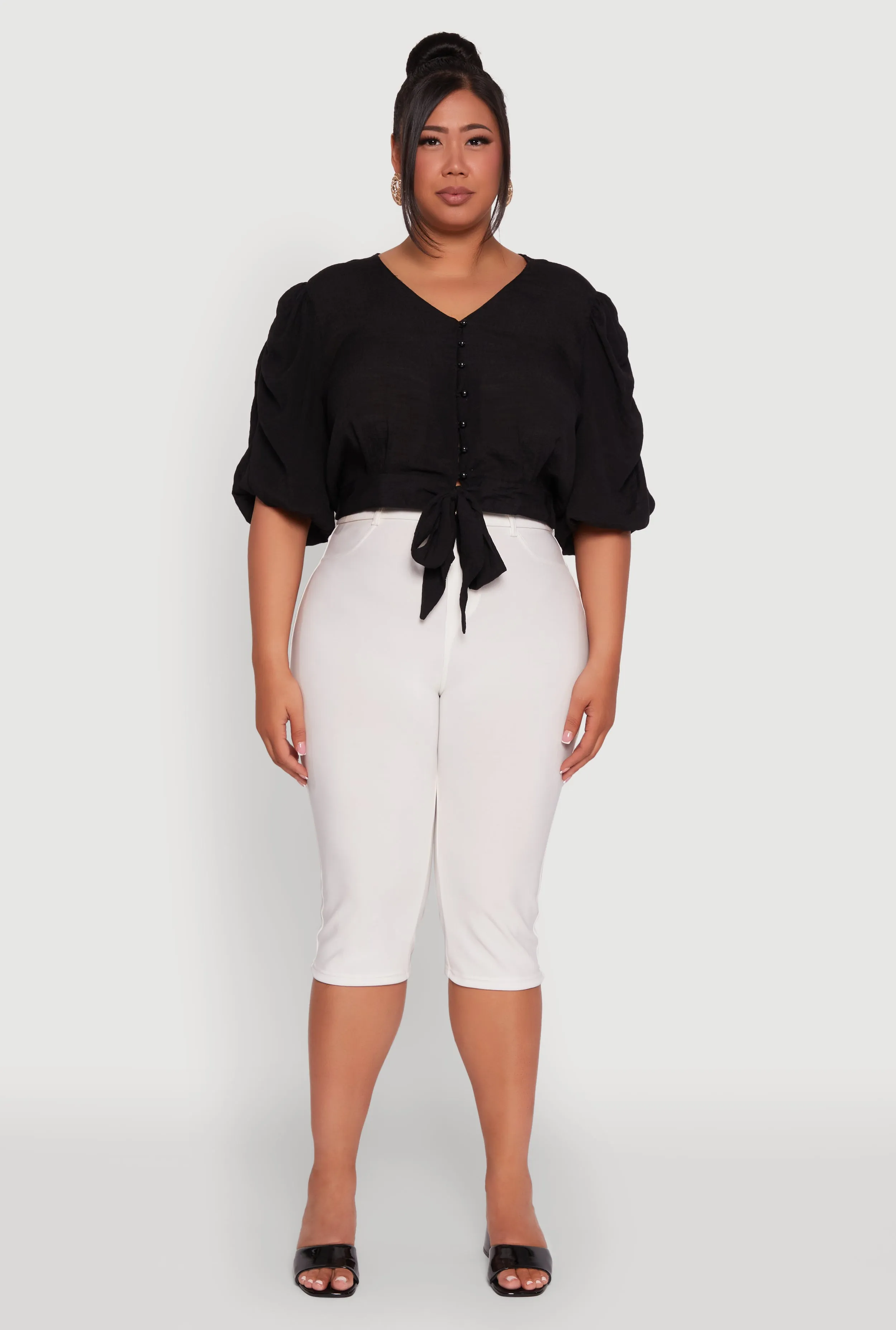 Plus Size V Neck Puff Sleeve Cropped Tie Front Top sold by Rainbow product image thumbnail 3