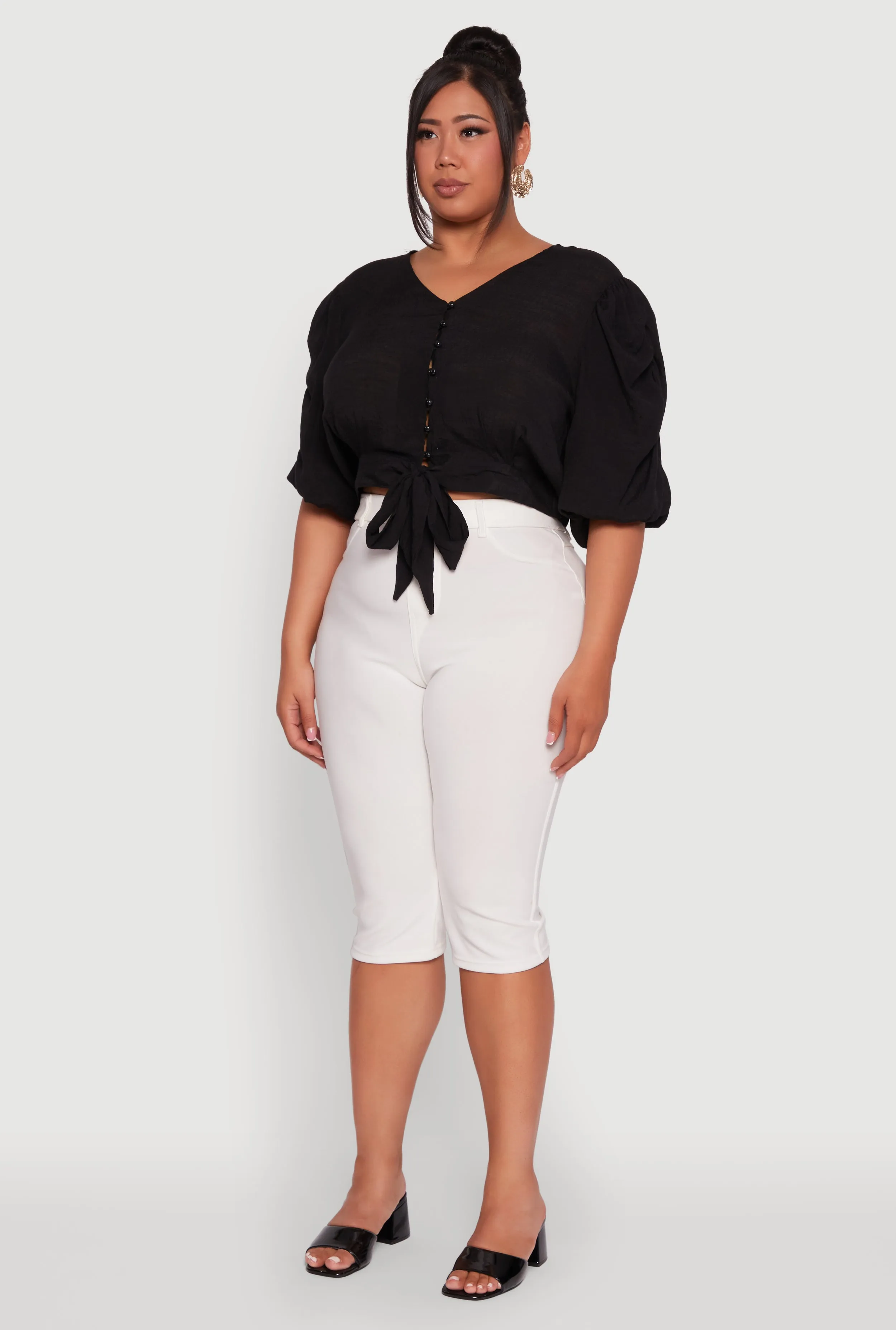 Plus Size V Neck Puff Sleeve Cropped Tie Front Top sold by Rainbow product image thumbnail 5