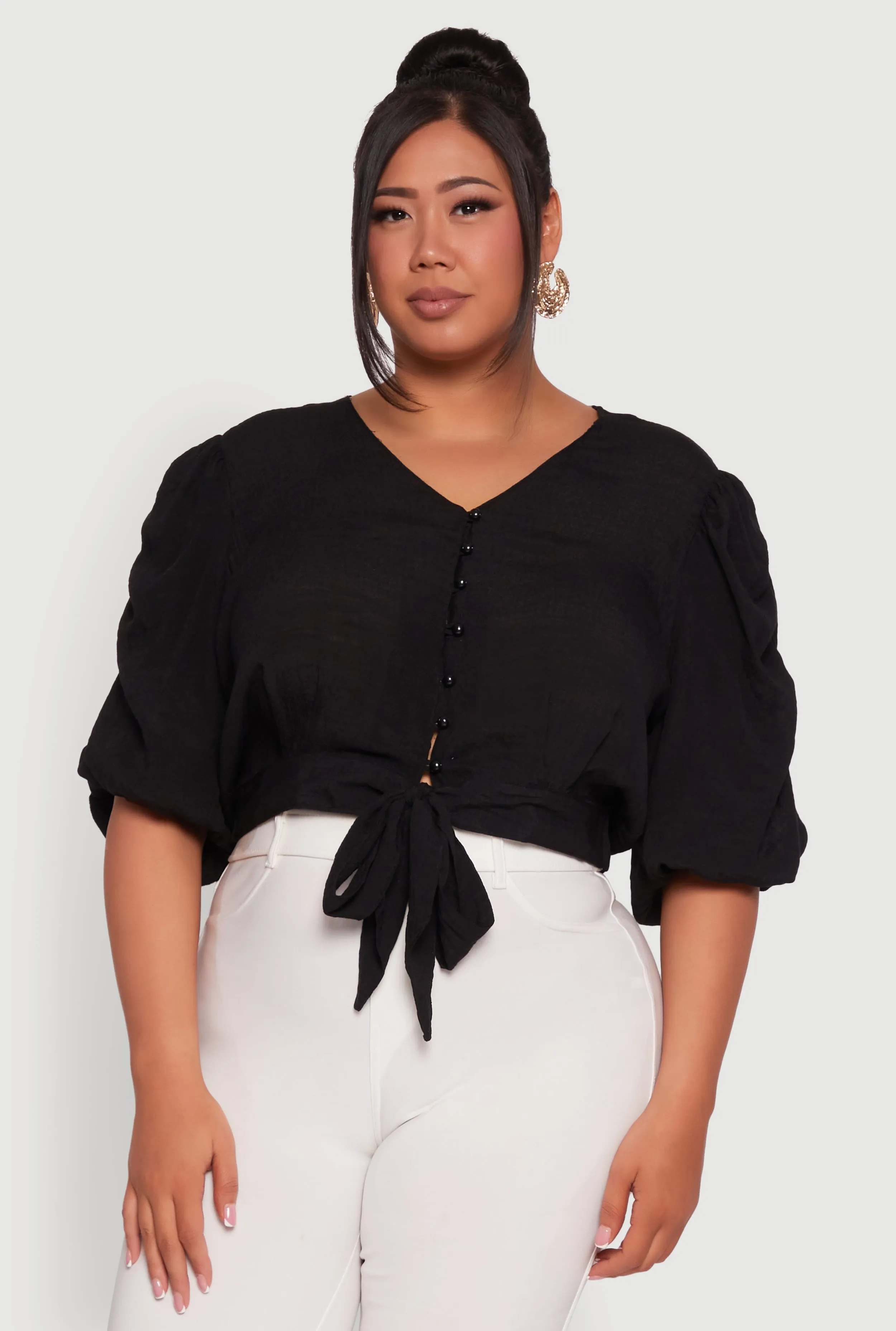 Plus Size V Neck Puff Sleeve Cropped Tie Front Top sold by Rainbow product image thumbnail 2