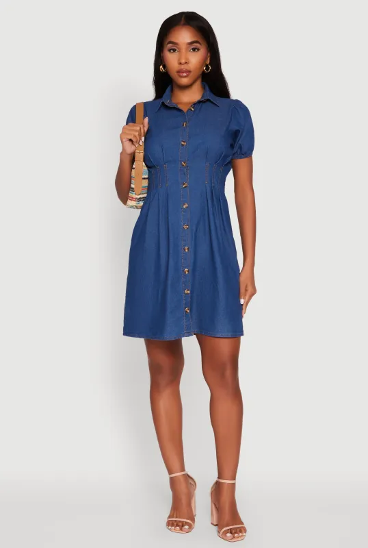 Chambray Short Puff Sleeve Shirt Dress sold by Rainbow