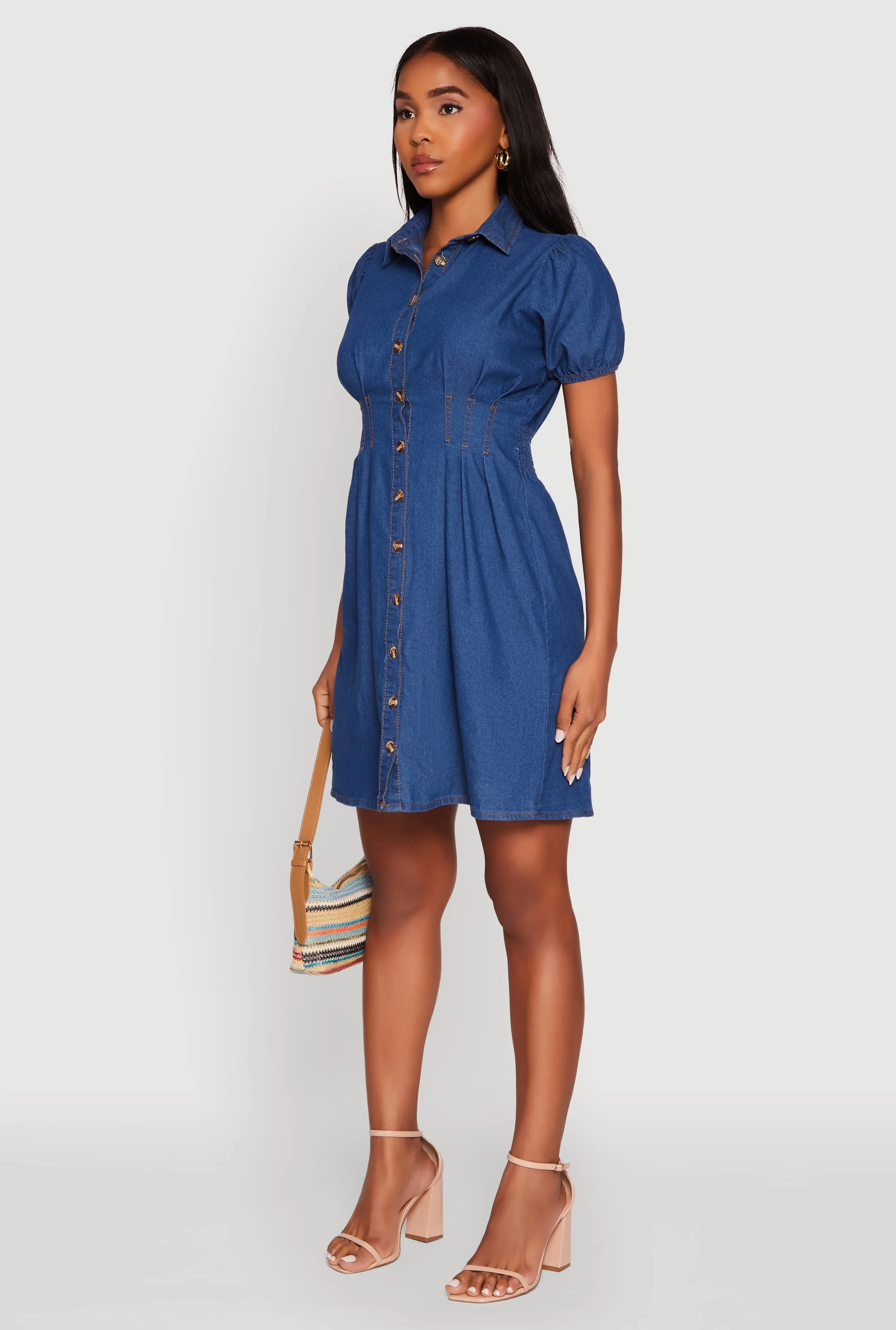 Chambray Short Puff Sleeve Shirt Dress sold by Rainbow product image thumbnail 3