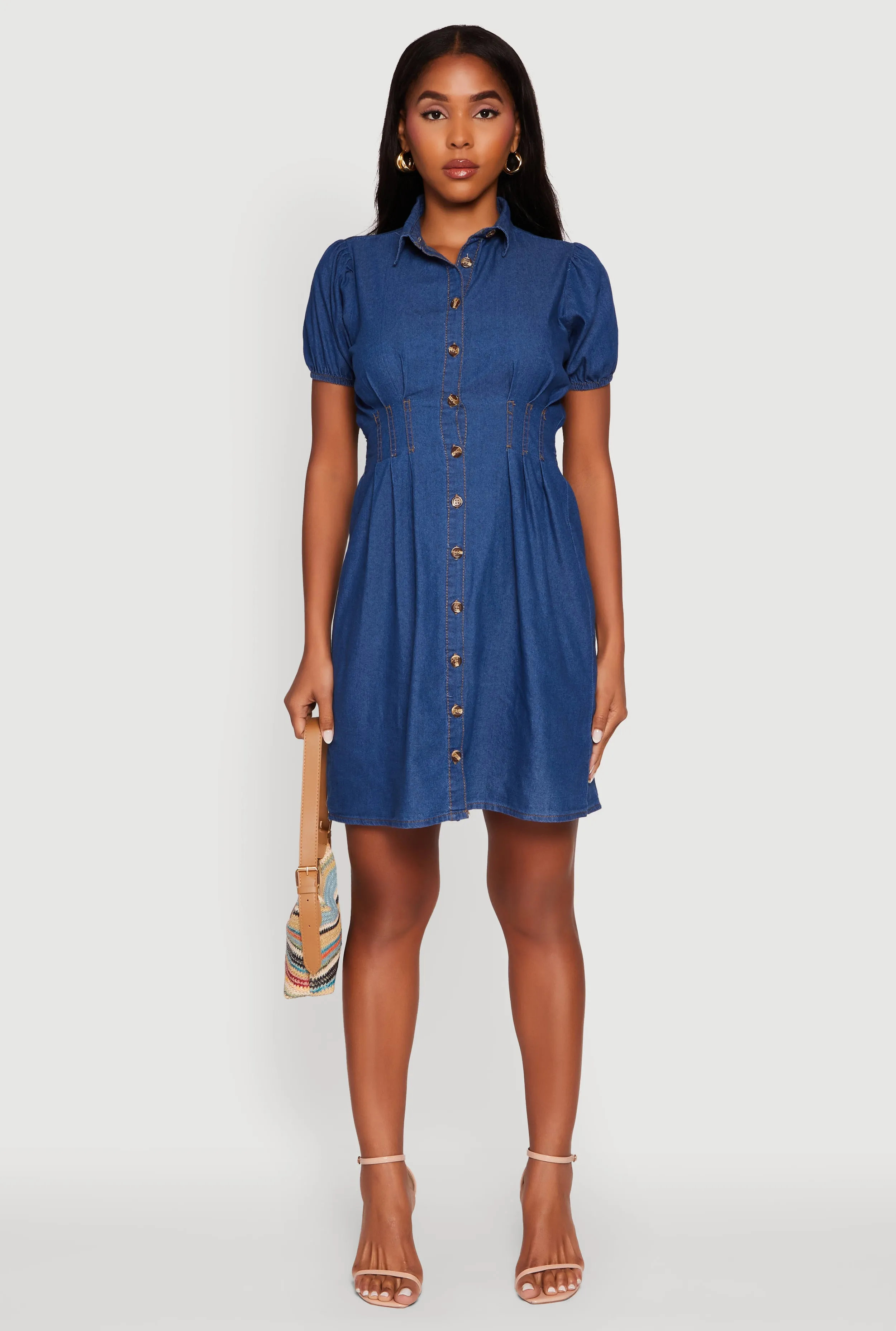 Chambray Short Puff Sleeve Shirt Dress sold by Rainbow product image thumbnail 2