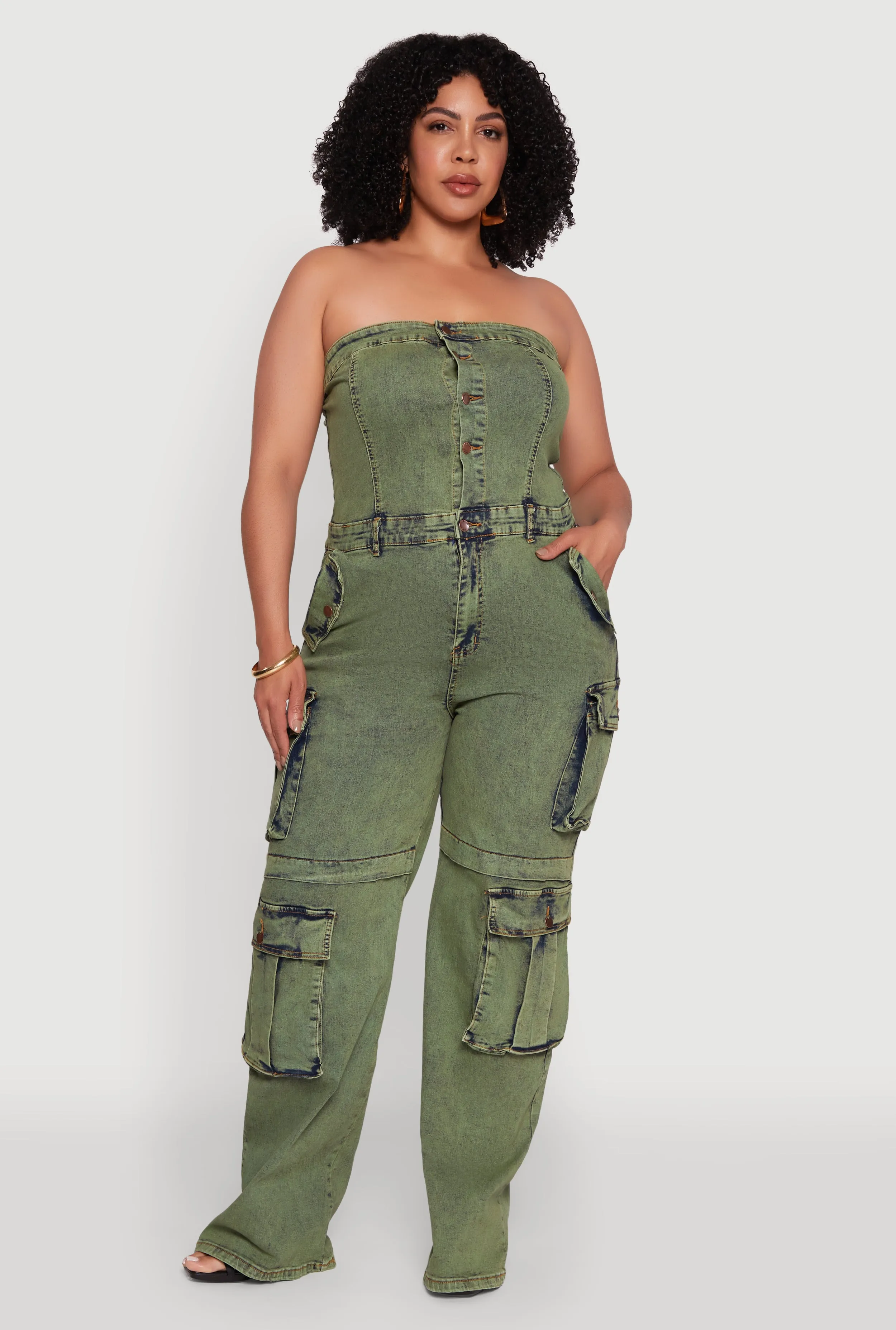 Plus Size Daisy Acid Wash Denim Tube Utility Jumpsuit sold by Rainbow