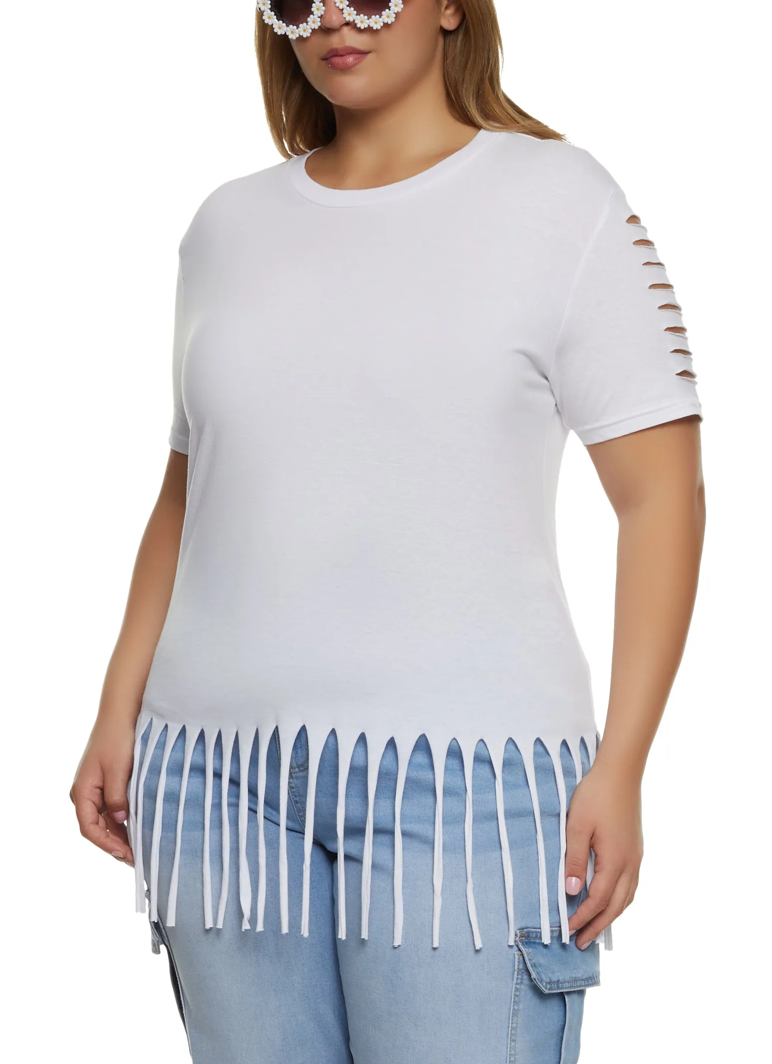 Plus Size Laser Cut Fringe Hem Tee sold by Rainbow