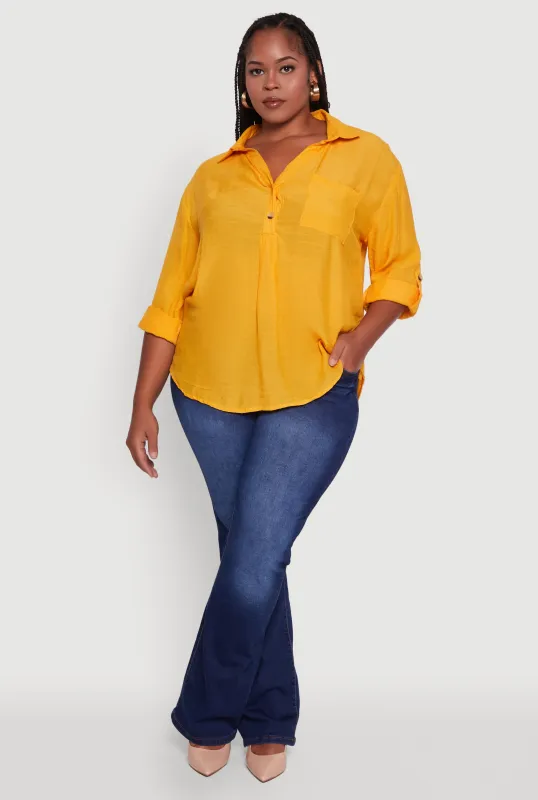Plus Sized Tabbed Sleeve Collared Henley Top sold by Rainbow