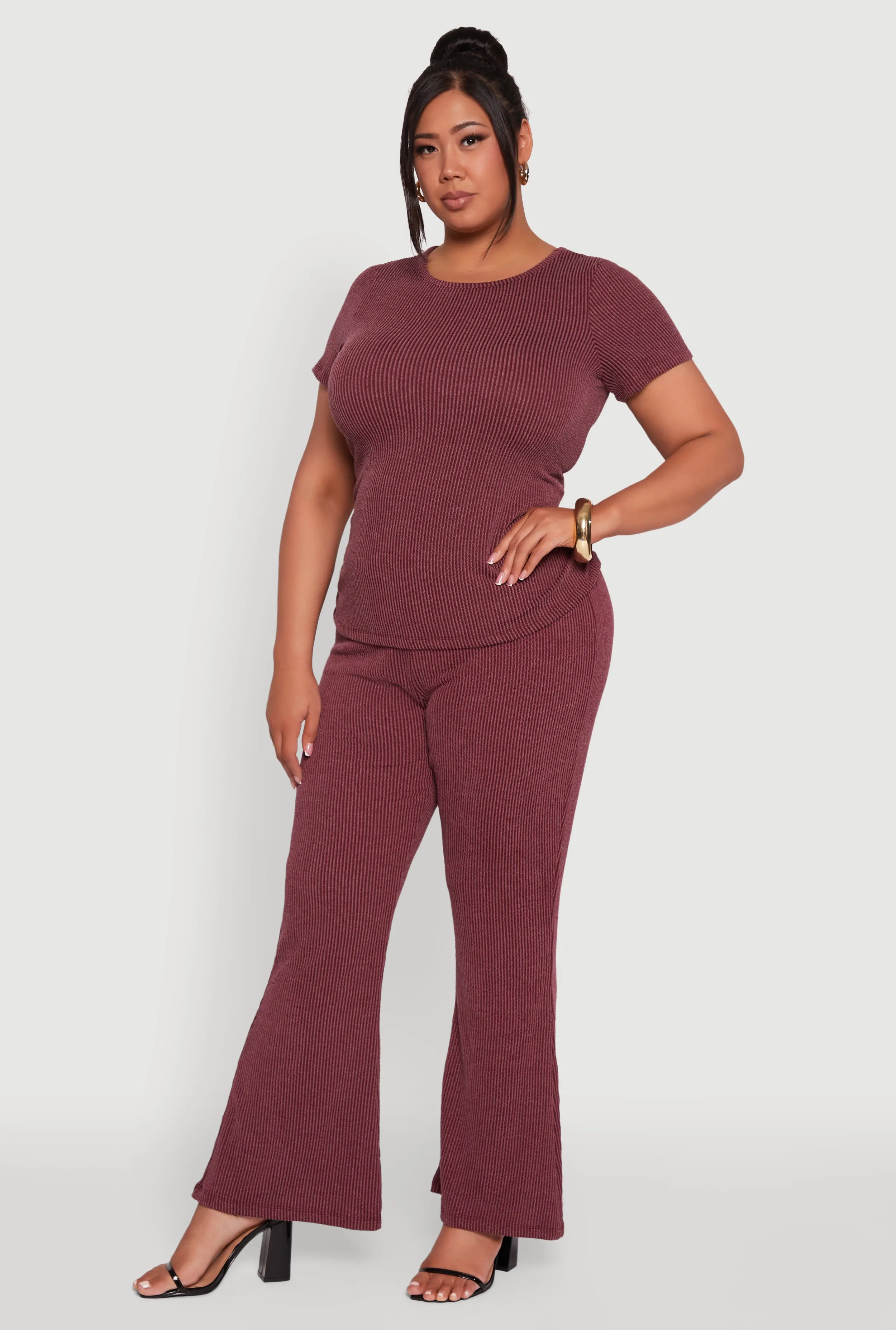 Plus Size High Waisted Ribbed Knit Flare Leg Pants sold by Rainbow