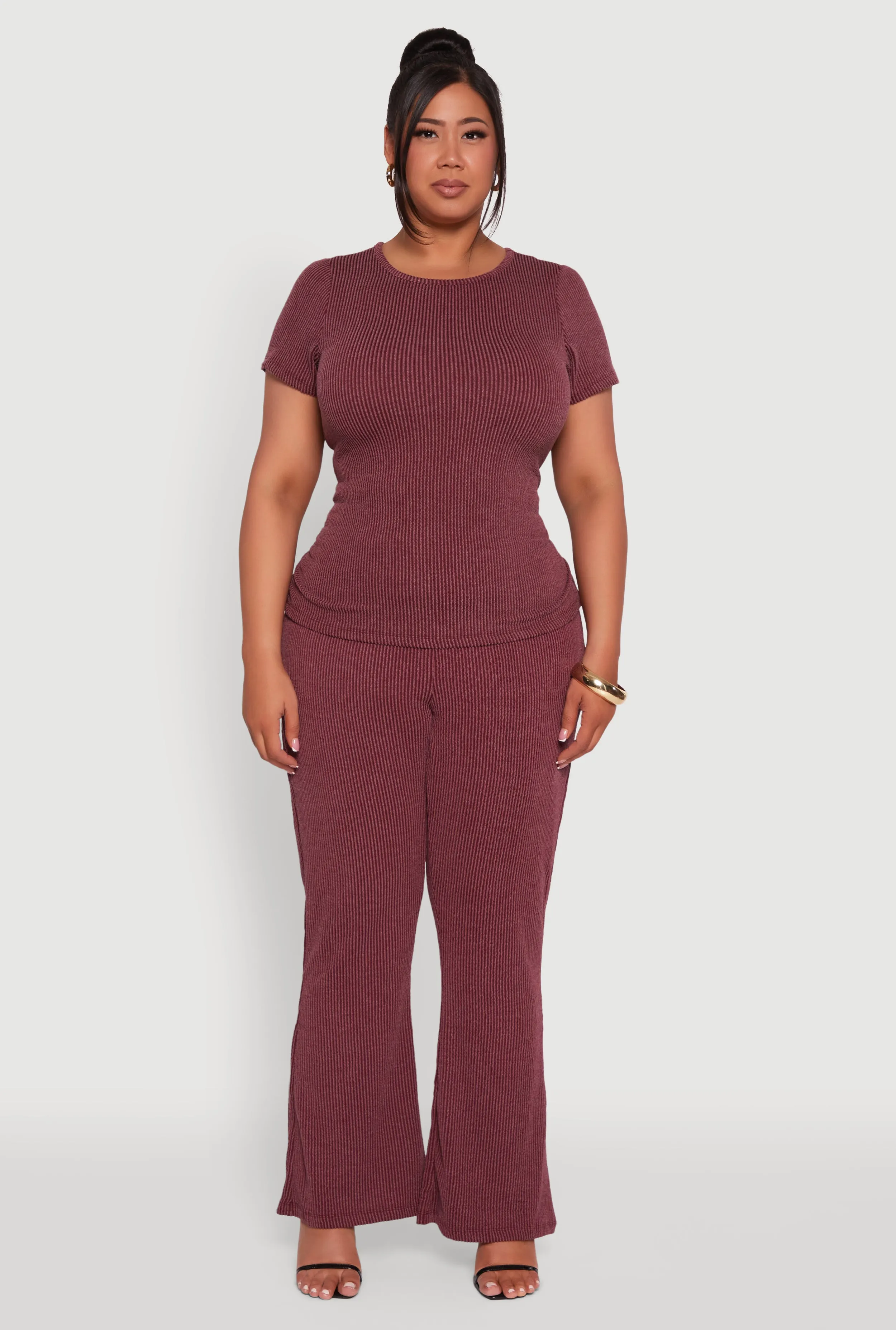 Plus Size High Waisted Ribbed Knit Flare Leg Pants sold by Rainbow product image thumbnail 2