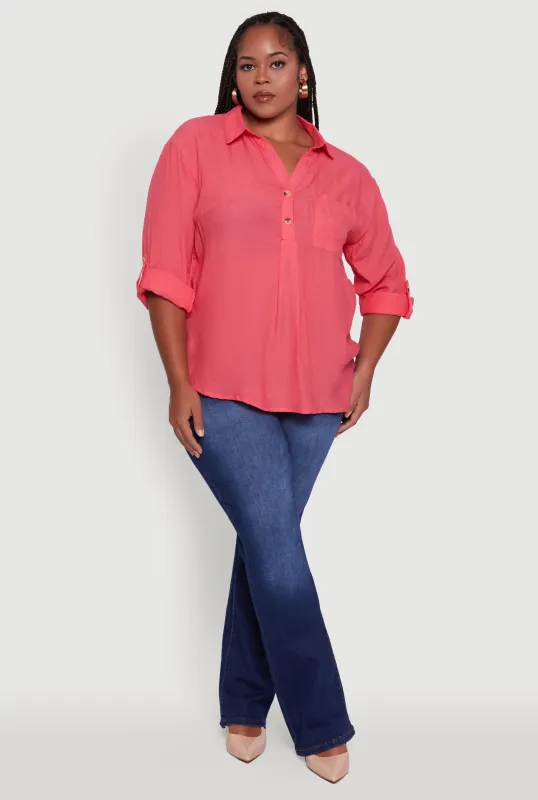 Plus Sized Tabbed Sleeve Collared Henley Top sold by Rainbow