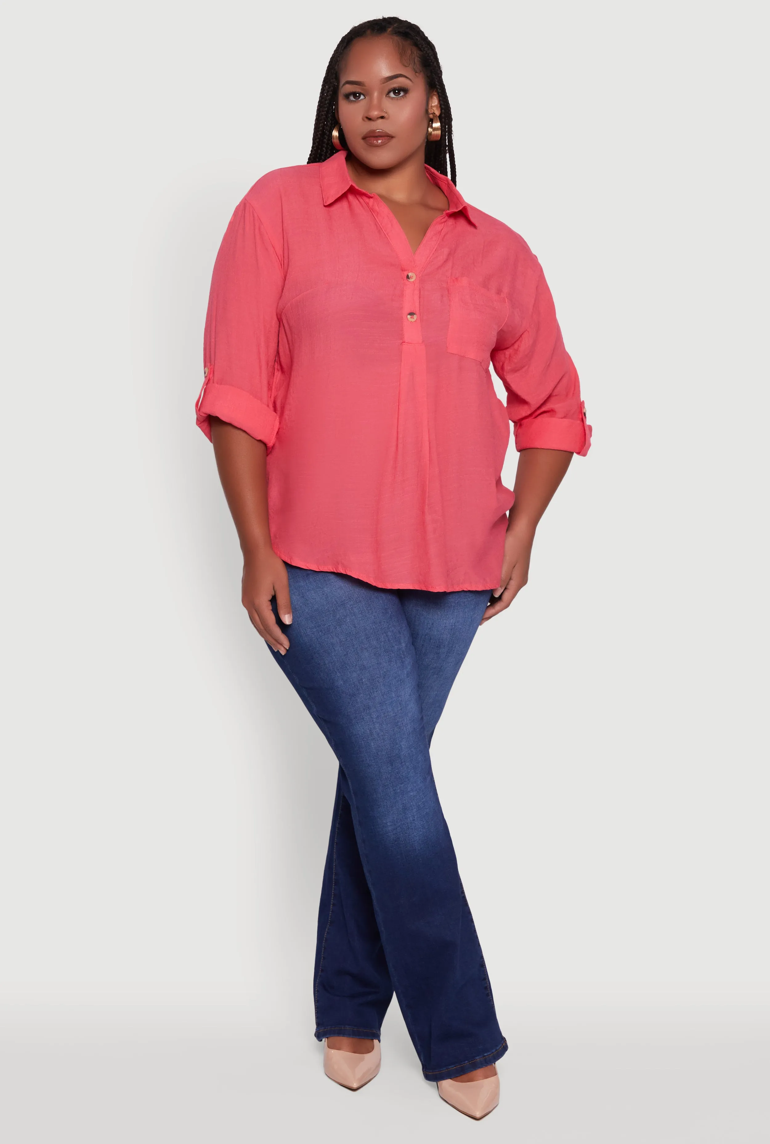 Plus Sized Tabbed Sleeve Collared Henley Top sold by Rainbow