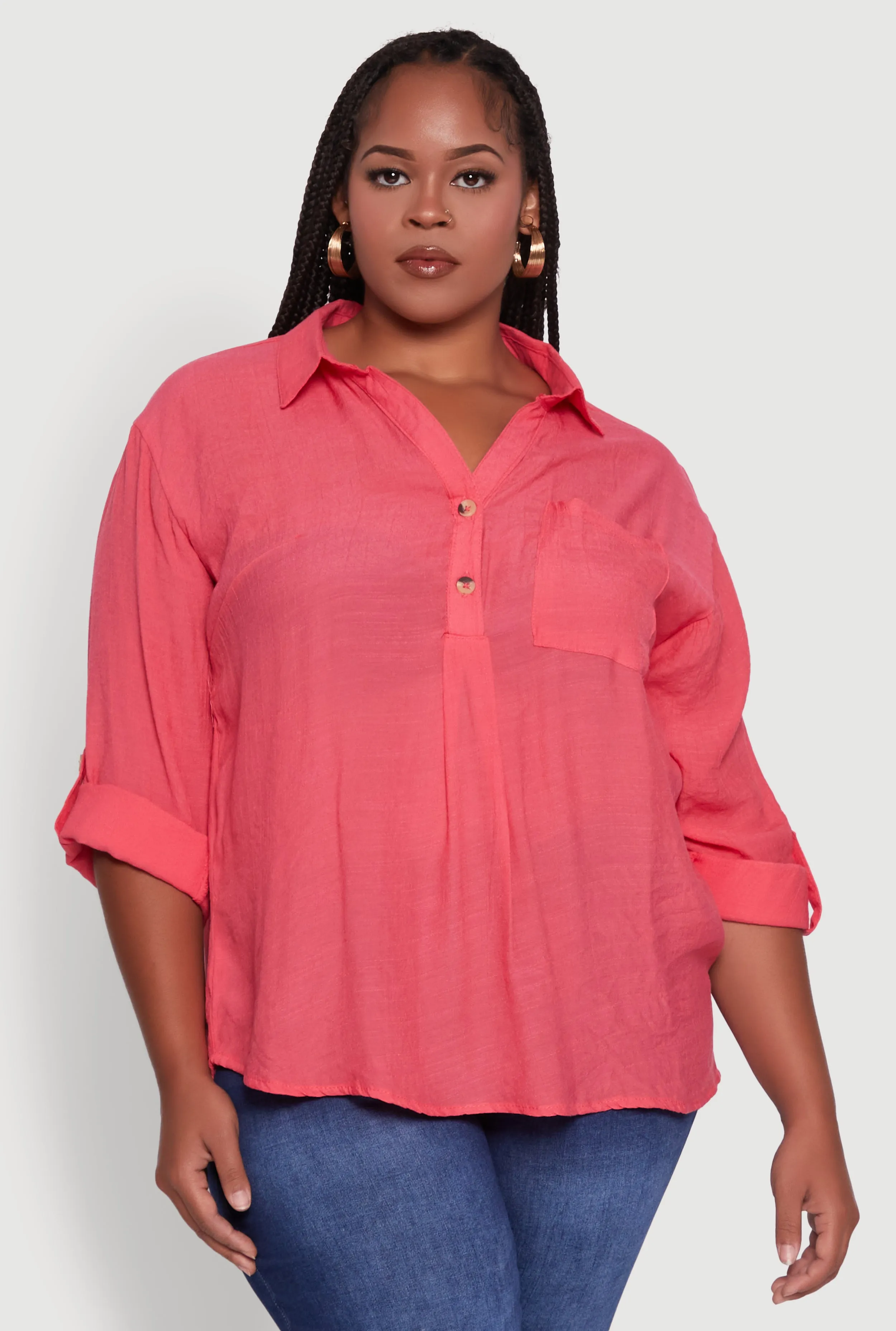 Plus Sized Tabbed Sleeve Collared Henley Top sold by Rainbow product image thumbnail 2