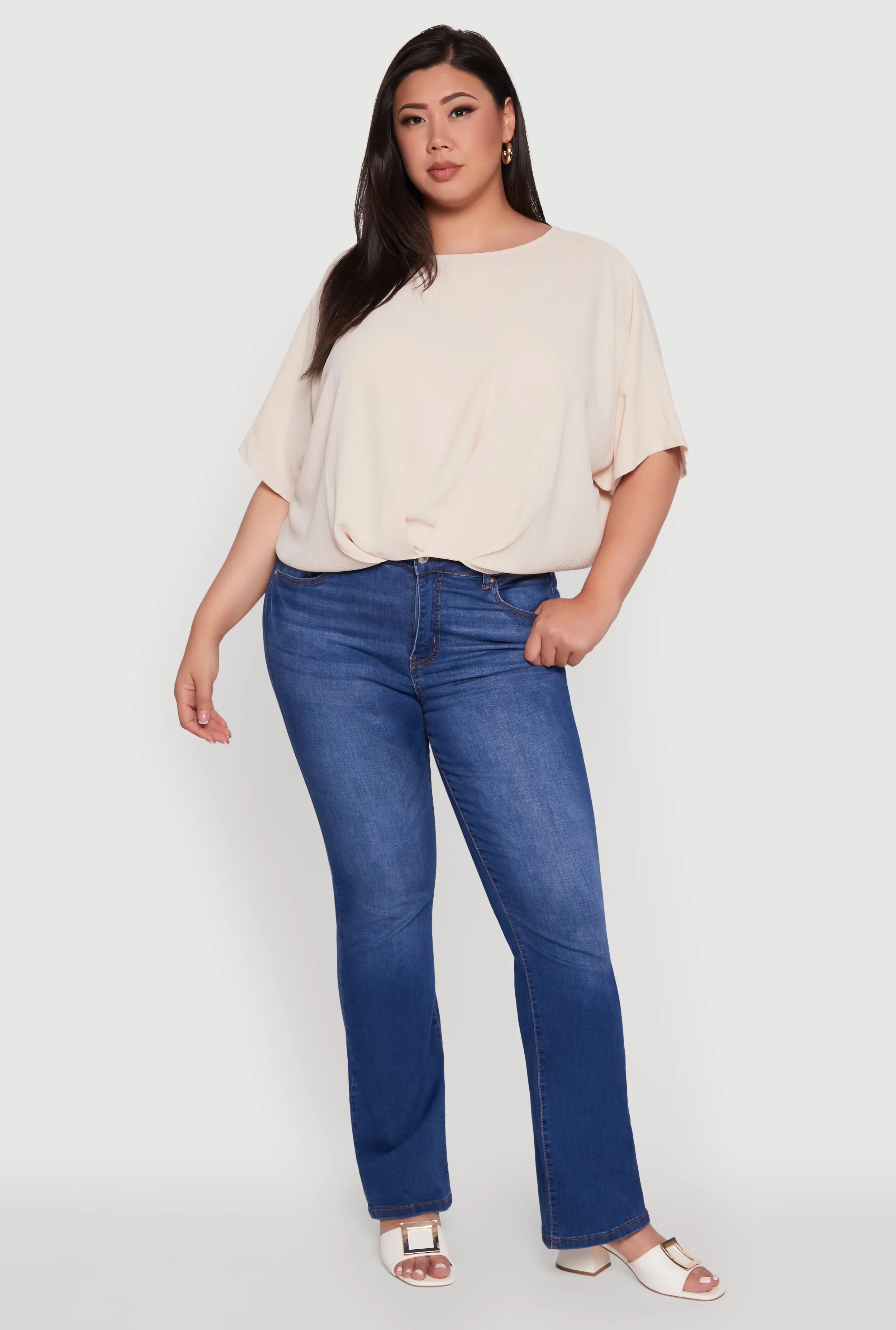 Plus Size Crepe Knit Gathered Hem Dolman Sleeve Blouse sold by Rainbow