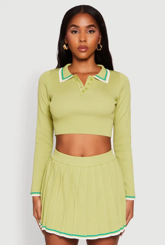 Daisy Contrast Trim Cropped Long Sleeve Polo Shirt sold by Rainbow