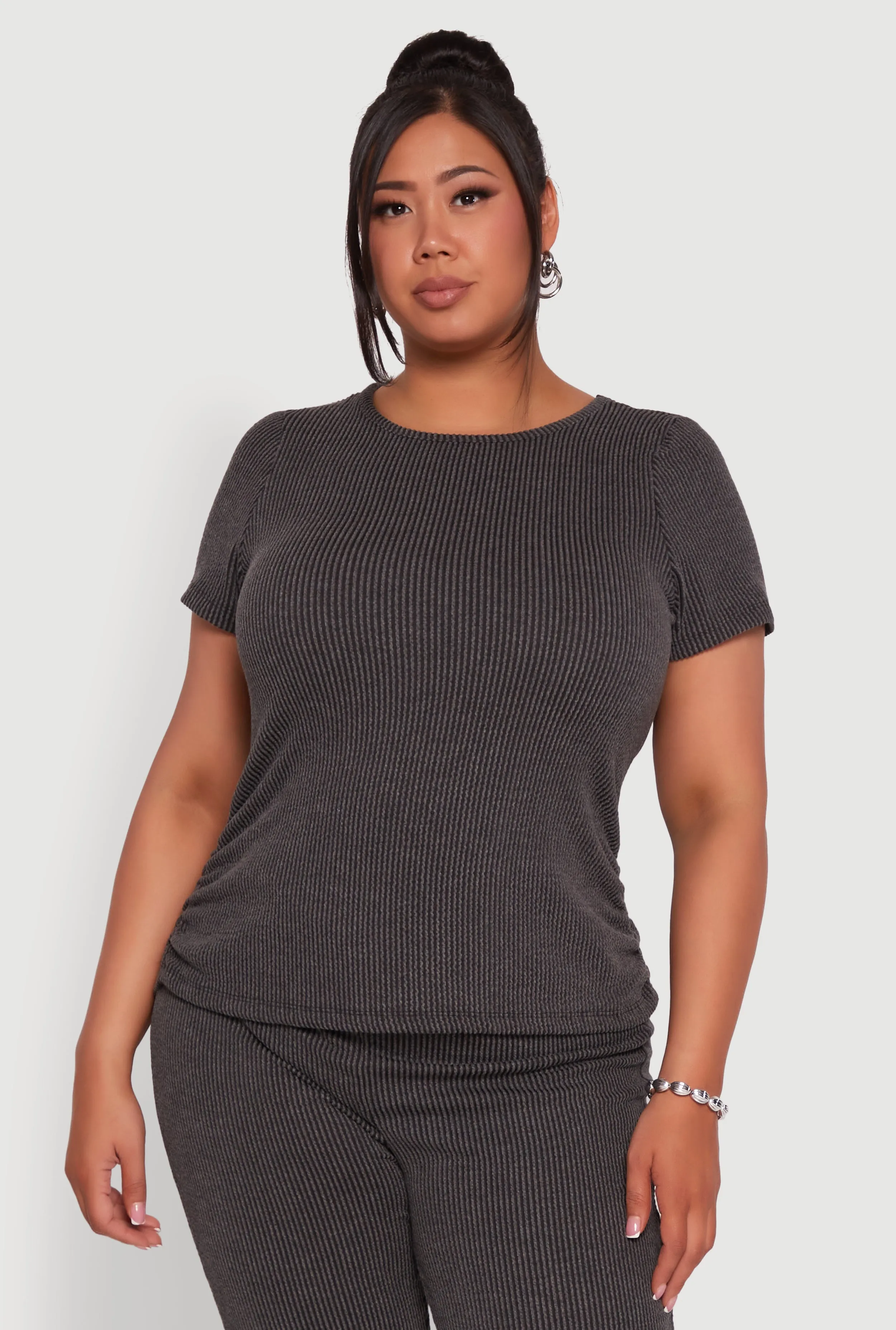 Plus Size Ribbed Knit Classic Fit Solid Crew Neck T-Shirt sold by Rainbow