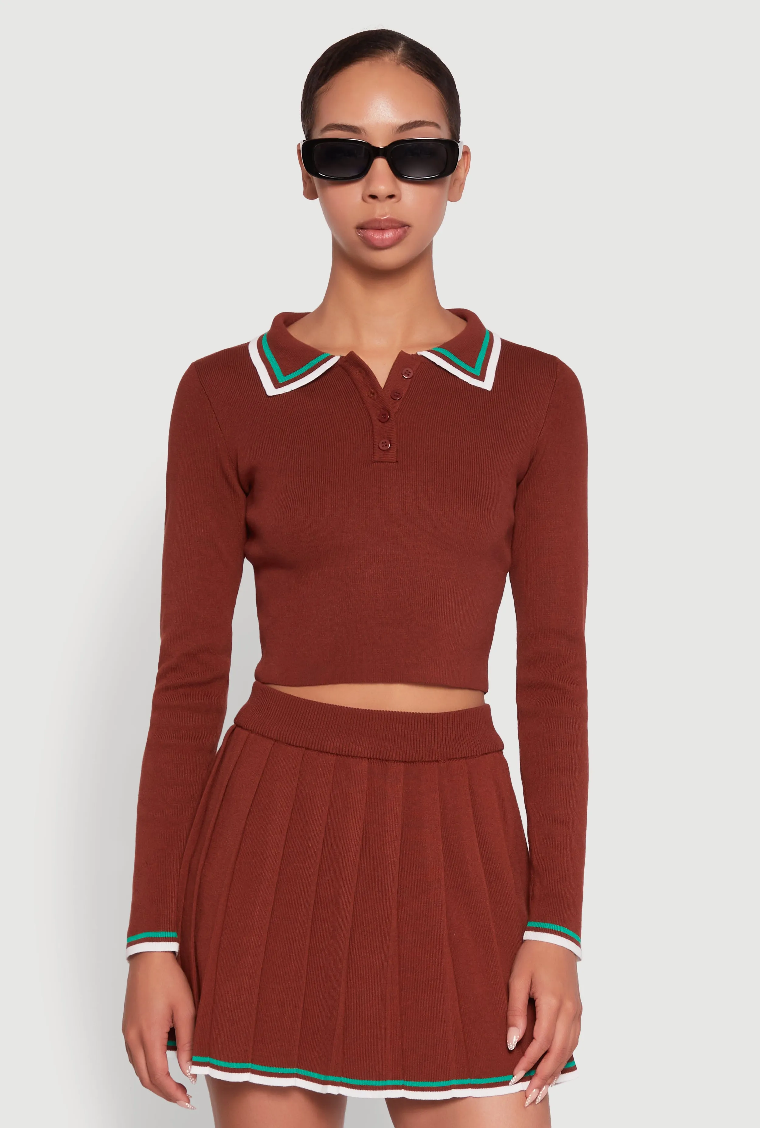 Daisy Contrast Trim Cropped Long Sleeve Polo Shirt sold by Rainbow