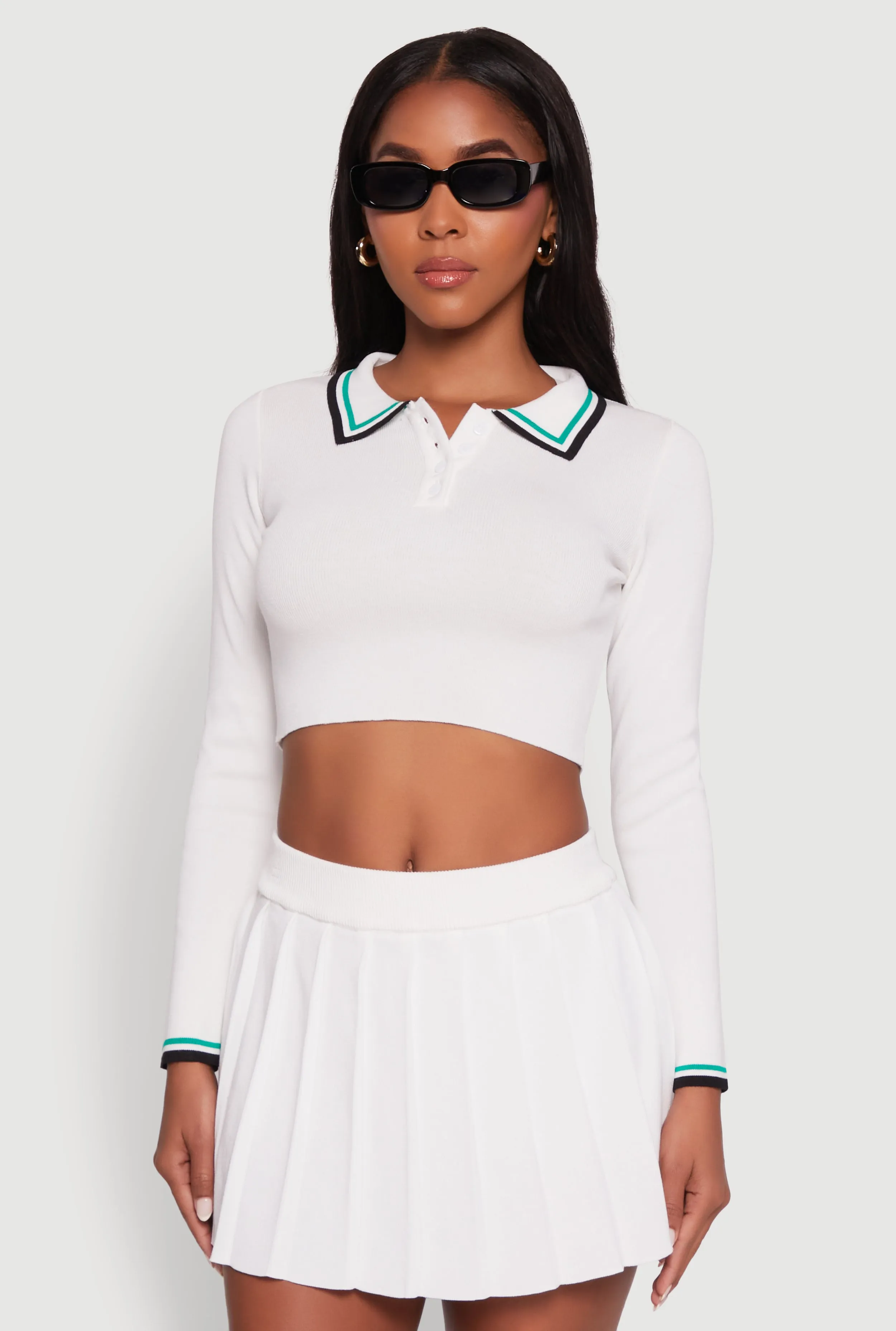Daisy Contrast Trim Cropped Long Sleeve Polo Shirt sold by Rainbow