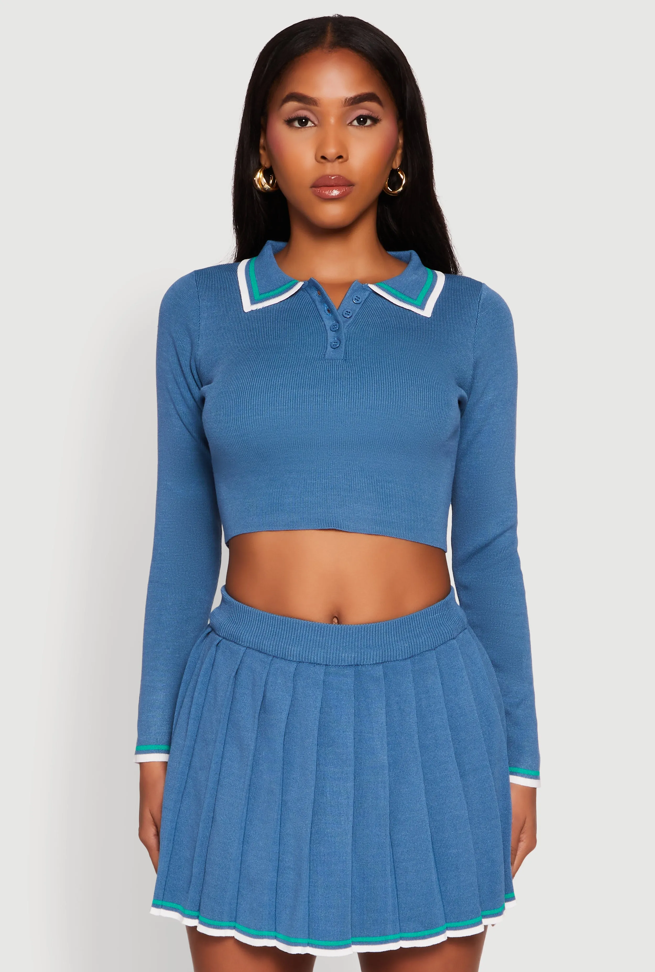 Daisy Contrast Trim Cropped Long Sleeve Polo Shirt sold by Rainbow