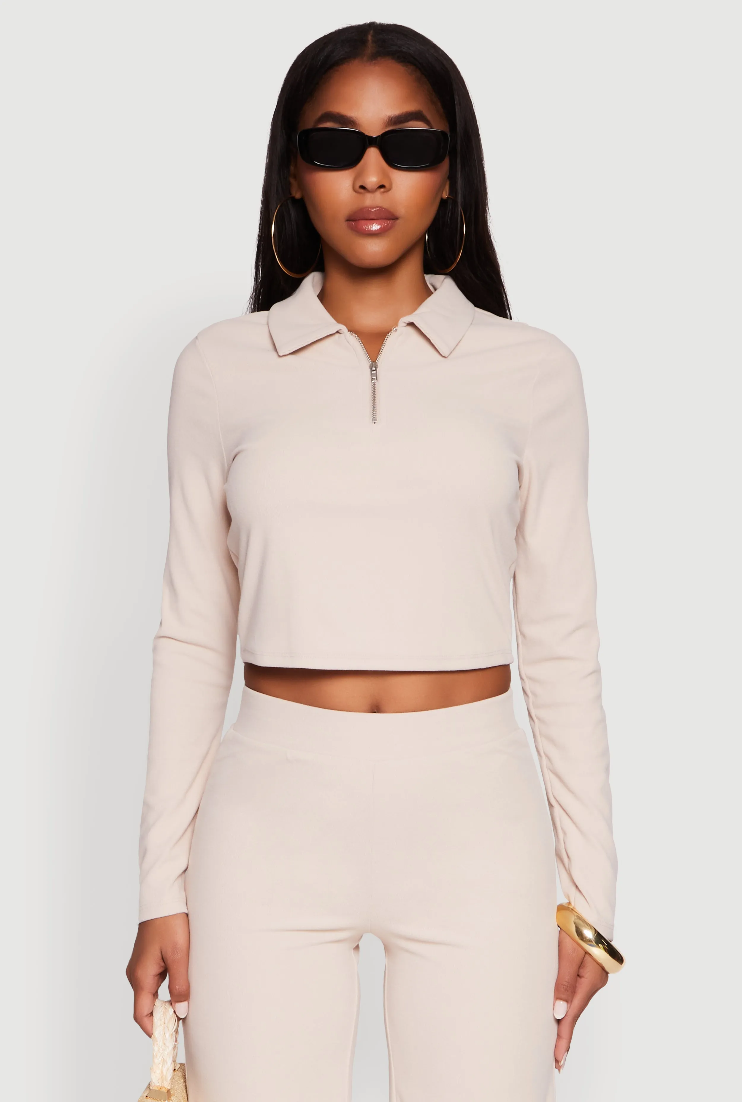 Brushed Knit Long Sleeve Quarter Zip Cropped Polo sold by Rainbow