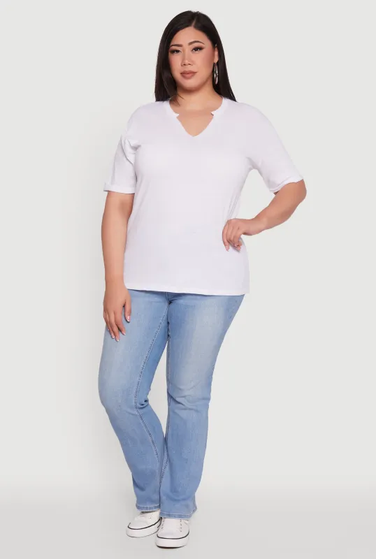 Plus Size Basic Fixed Cuff Notch Neck Tee sold by Rainbow