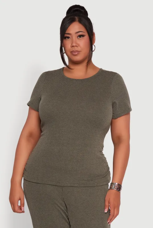 Plus Size Ribbed Knit Classic Fit Solid Crew Neck T-Shirt sold by Rainbow